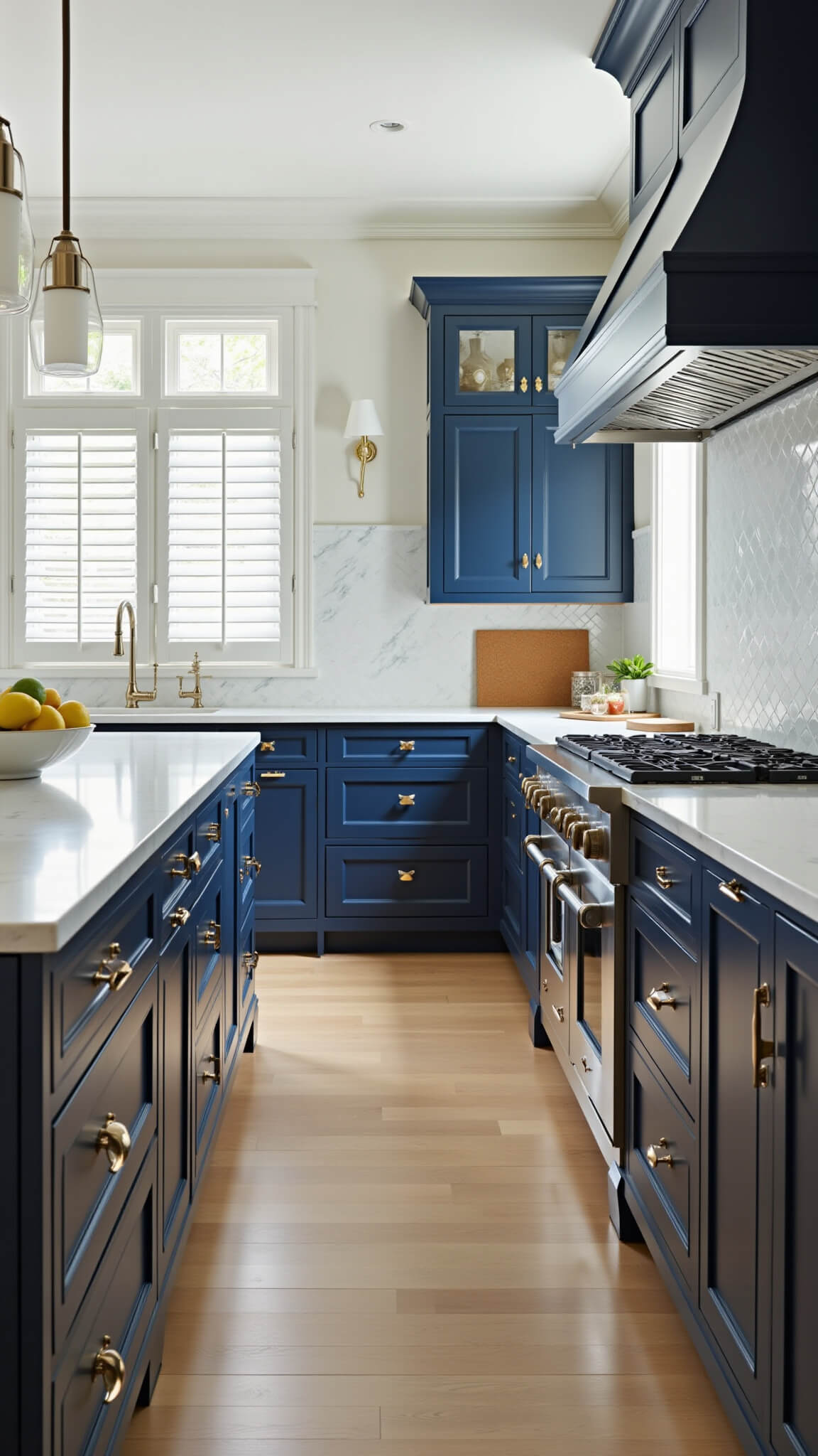 Classic kitchen with navy blue and white cabinetry, Carrara marble surfaces, herringbone backsplash, and soft morning light filtering through plantation shutters.