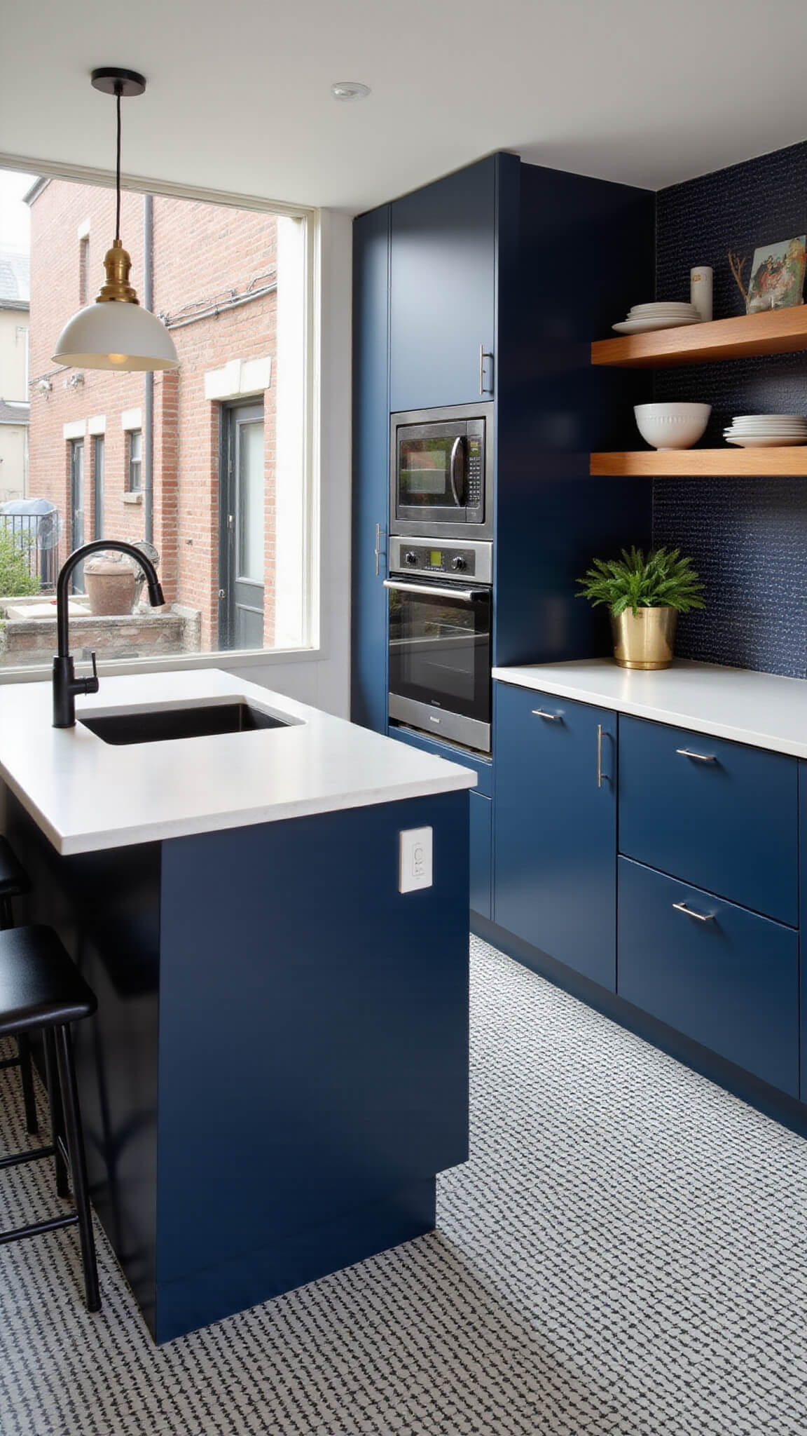 Stylish small urban kitchen with navy blue cabinets, black appliances, white quartz peninsula, and graphic black and white tile floor.
