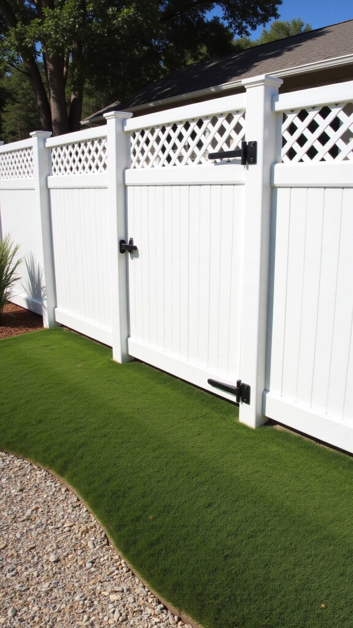 White vinyl fence with lattice top, safety gates, artificial turf, and pea gravel pet zones in landscaped yard, viewed at 45-degree angle.