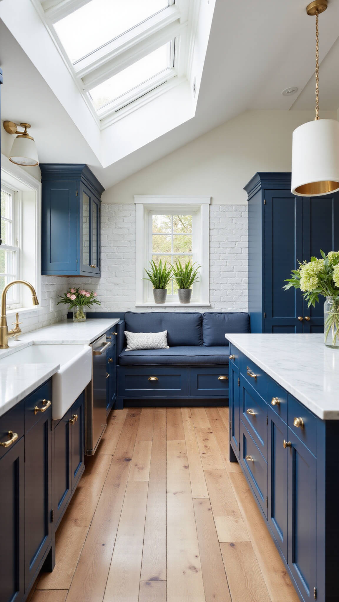 Transitional kitchen with navy blue cabinets, skylights, marble island, gold hardware, farmhouse sink, and cozy breakfast nook.