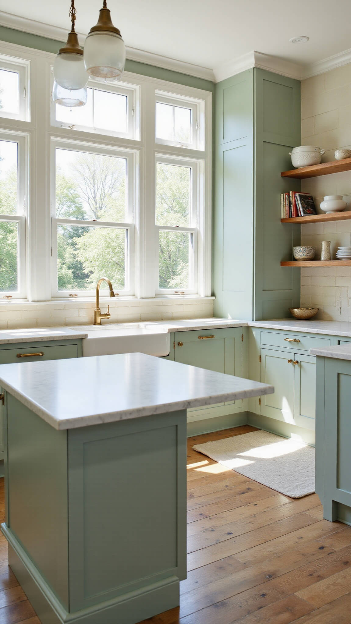 Spacious sage green kitchen with shaker cabinets, white marble island, and brass accents, illuminated by morning light from bay windows.