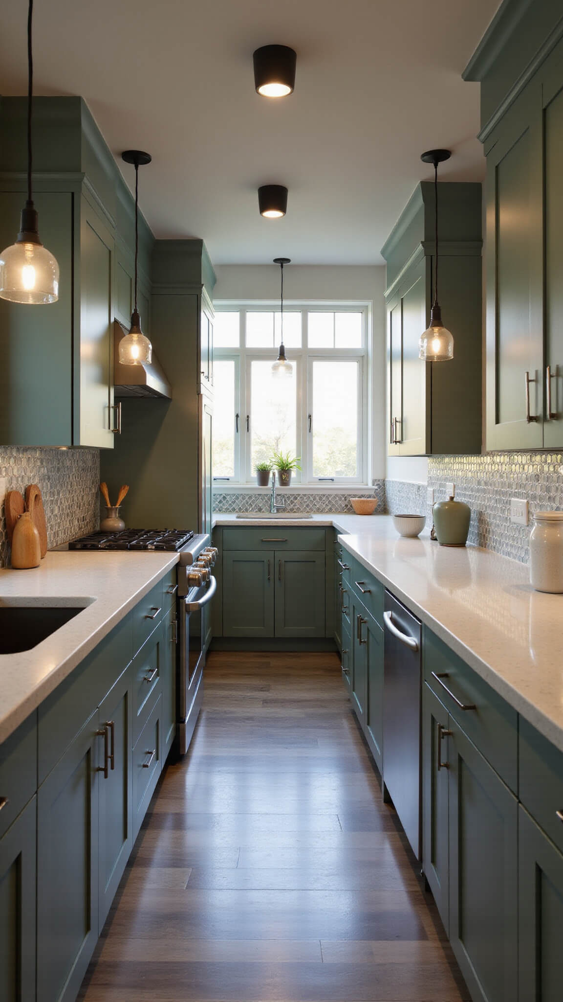 Moody galley kitchen with sage green 'Rosemary' cabinets, off-white quartz countertops, geometric gray and white backsplash, and dramatic golden hour lighting.