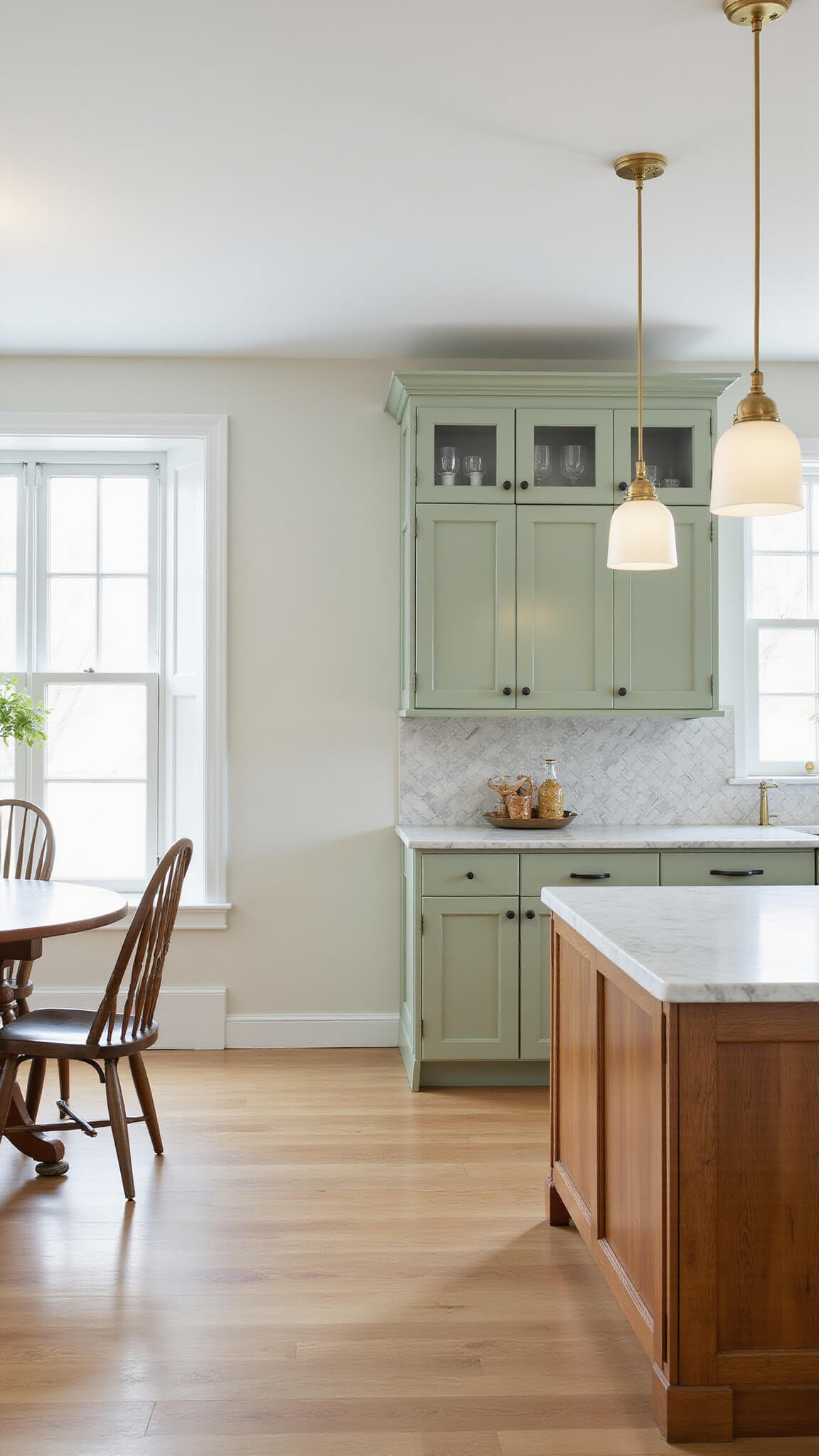 Bright, airy open-concept kitchen-dining space with sage green shaker cabinets, warm wood island, marble countertops, and gold fixtures bathed in midday sunlight.