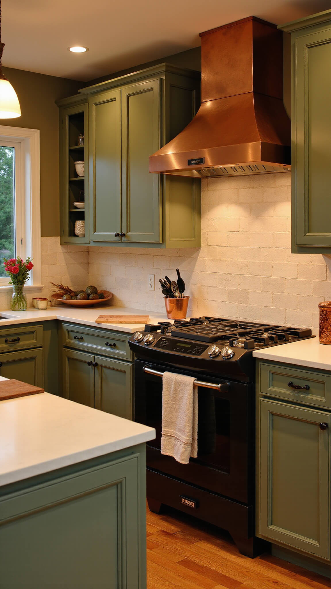 Cozy 11x13 ft kitchen at dusk with rich sage green cabinets, soapstone countertops, copper range hood and pendant lights, cream ceramic tile backsplash, and a built-in breakfast nook, all bathed in warm, golden lighting.