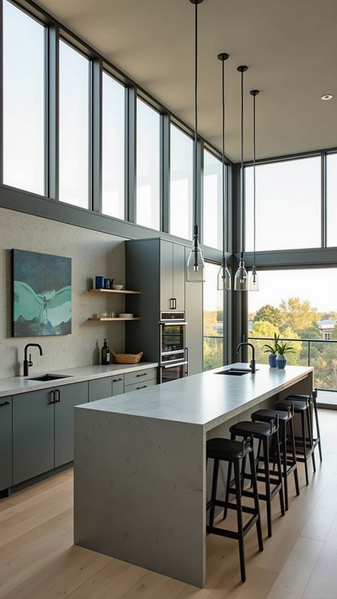 Bird's-eye view of a modern 13x15 ft kitchen with gray-green cabinets, concrete countertops, floor-to-ceiling windows, black fixtures, and an abstract painting providing a pop of color.