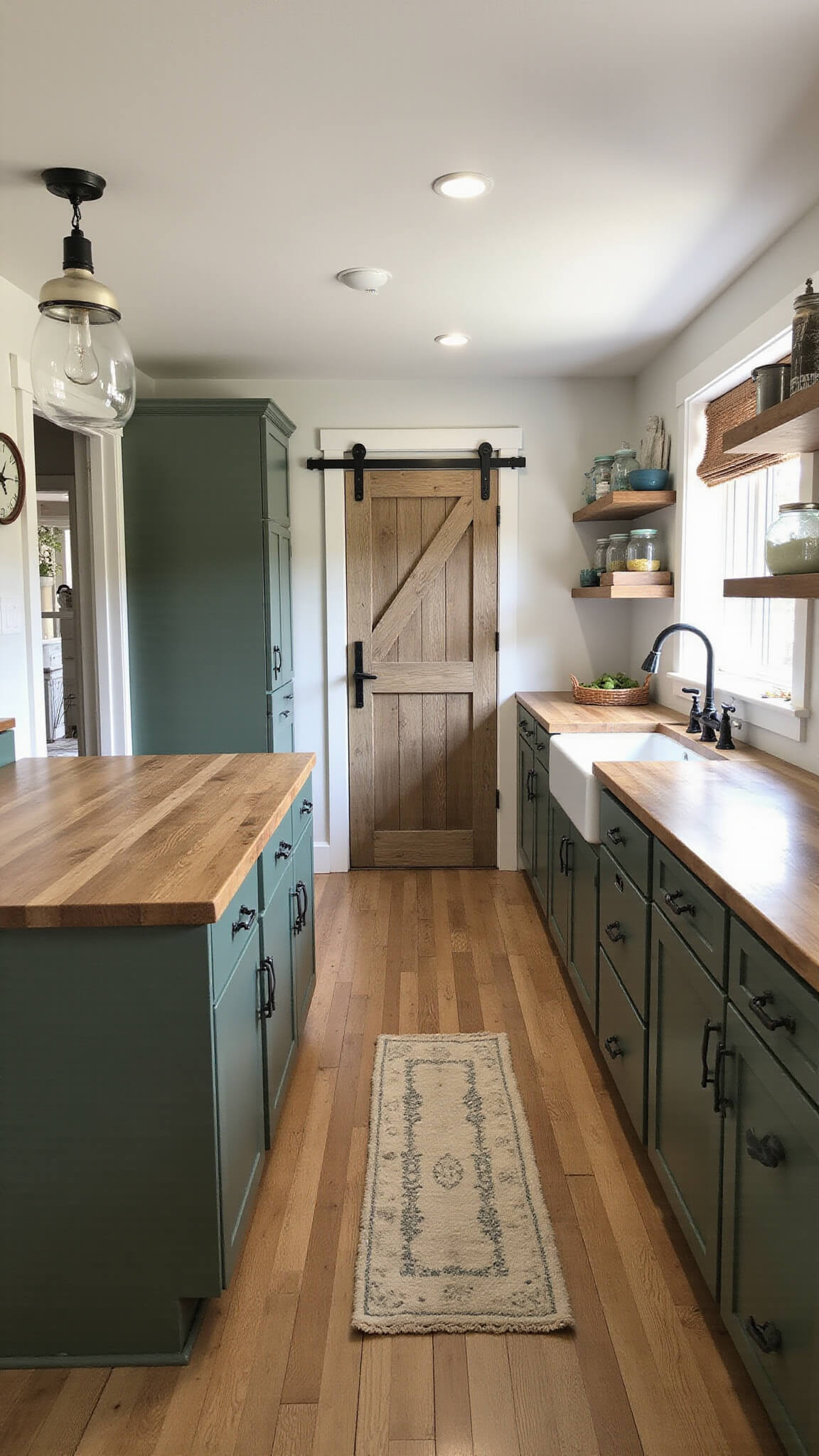 Farmhouse kitchen with sage green cabinets, butcher block countertops, white fireclay sink, vintage open shelving, and a weathered barn door in soft morning light.