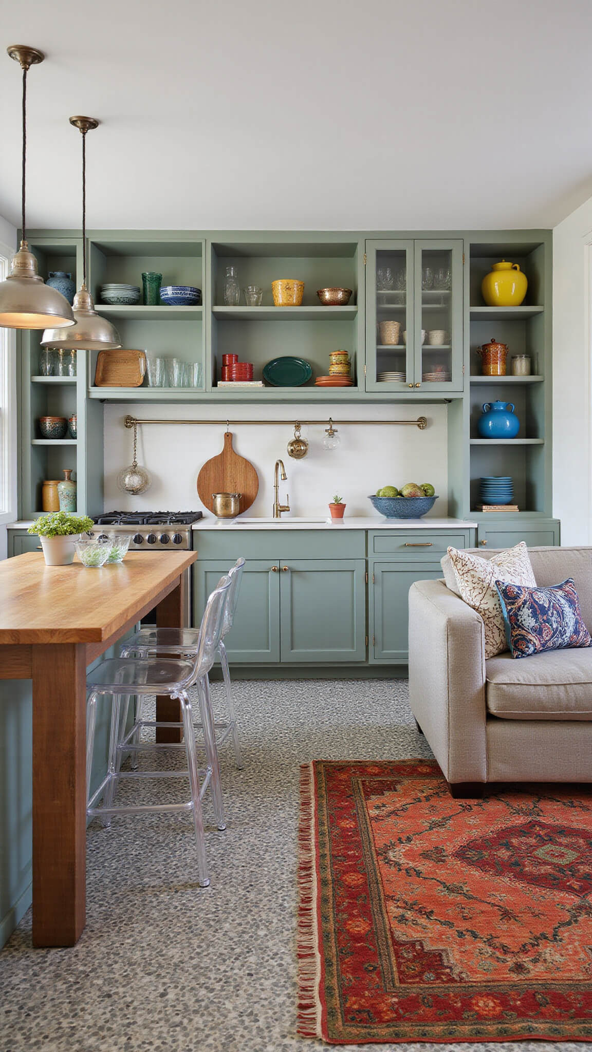 Eclectic 15x17 ft kitchen-living space at twilight with sage green cabinets, reclaimed wood island, acrylic stools, patterned cement tile floor, mismatched pendant lights, open shelving, and a cozy seating area with a vibrant rug.
