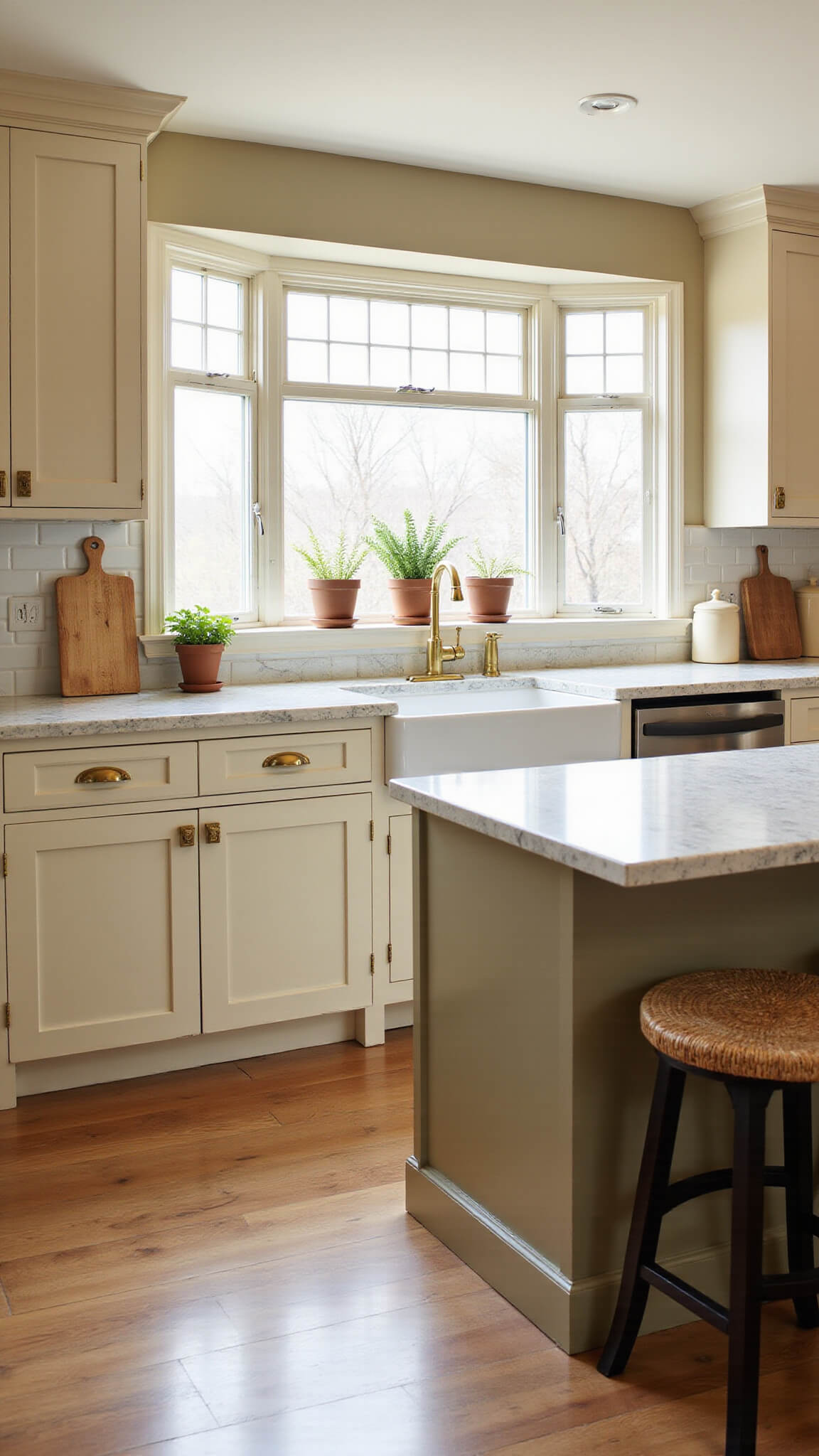 Warm, sunlit 12x15ft kitchen with beige Shaker cabinets, marble countertops, farmhouse sink, and rattan-seated barstools around a darker beige island.