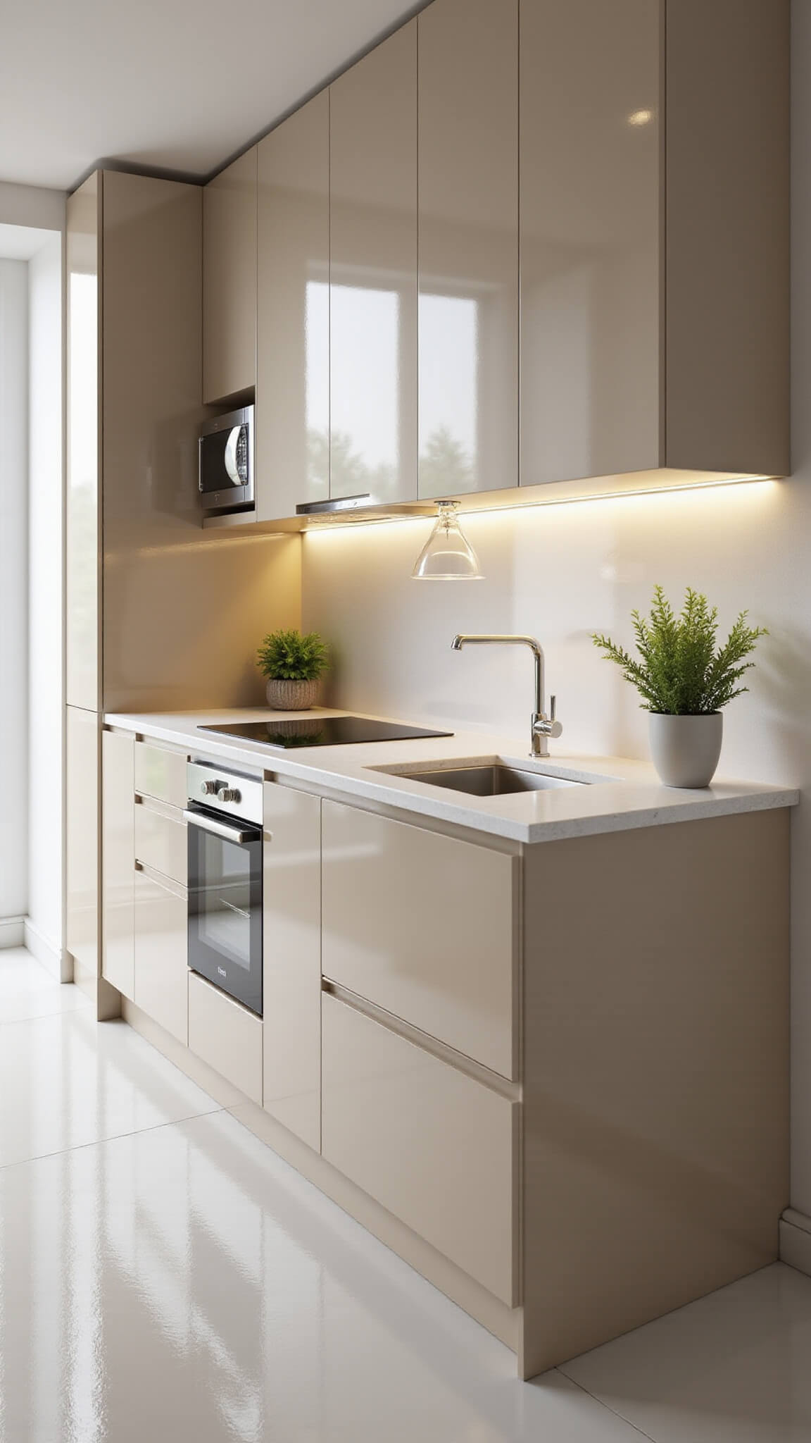 Minimalist 10x12ft kitchen with high-gloss beige cabinets, white quartz countertops, stainless steel appliances, and morning light highlighting clean, modern design.