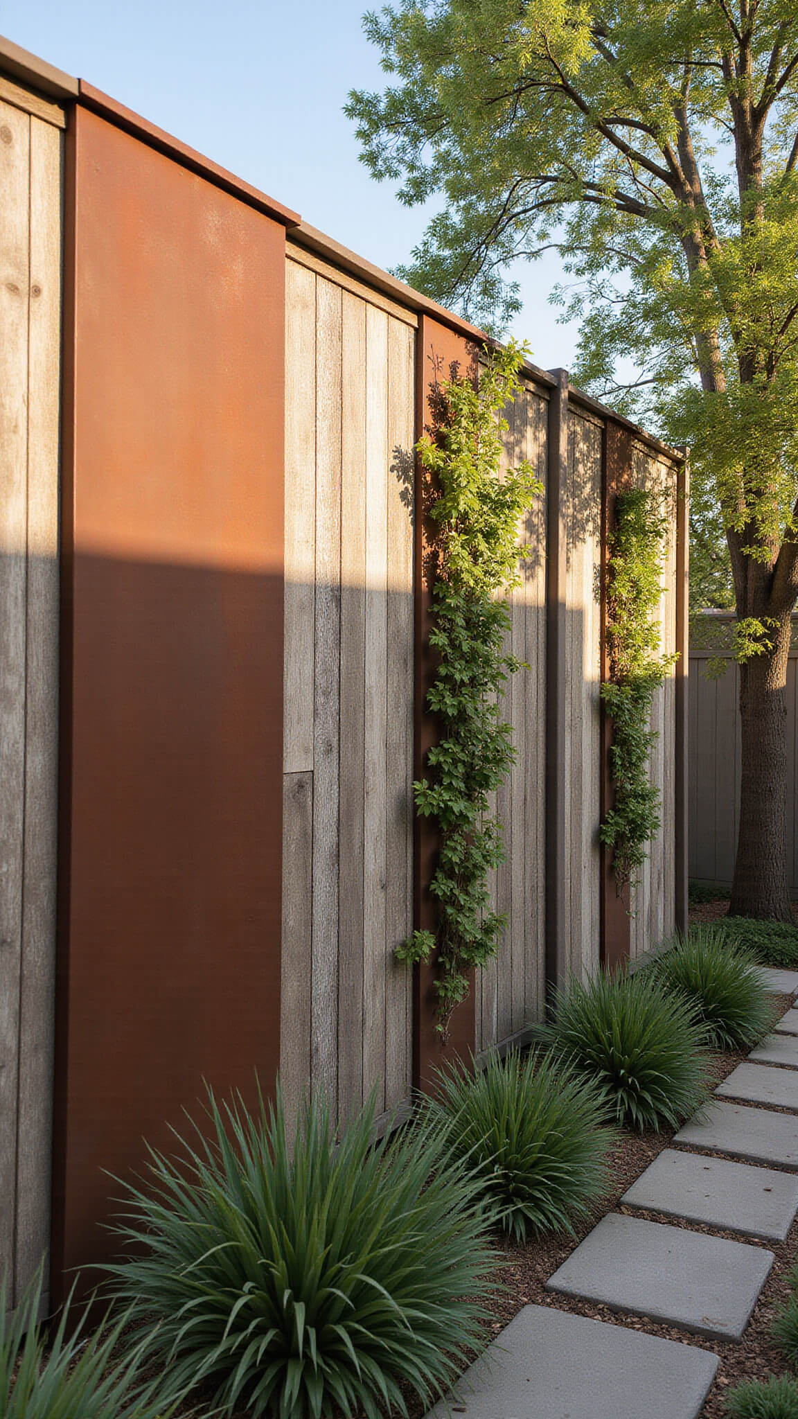 High-angle view of a sustainable mixed-material fence featuring 6ft reclaimed wood panels, cor-ten steel accents, and integrated vertical gardens, bathed in early morning light with natural earth tones and rust highlights.