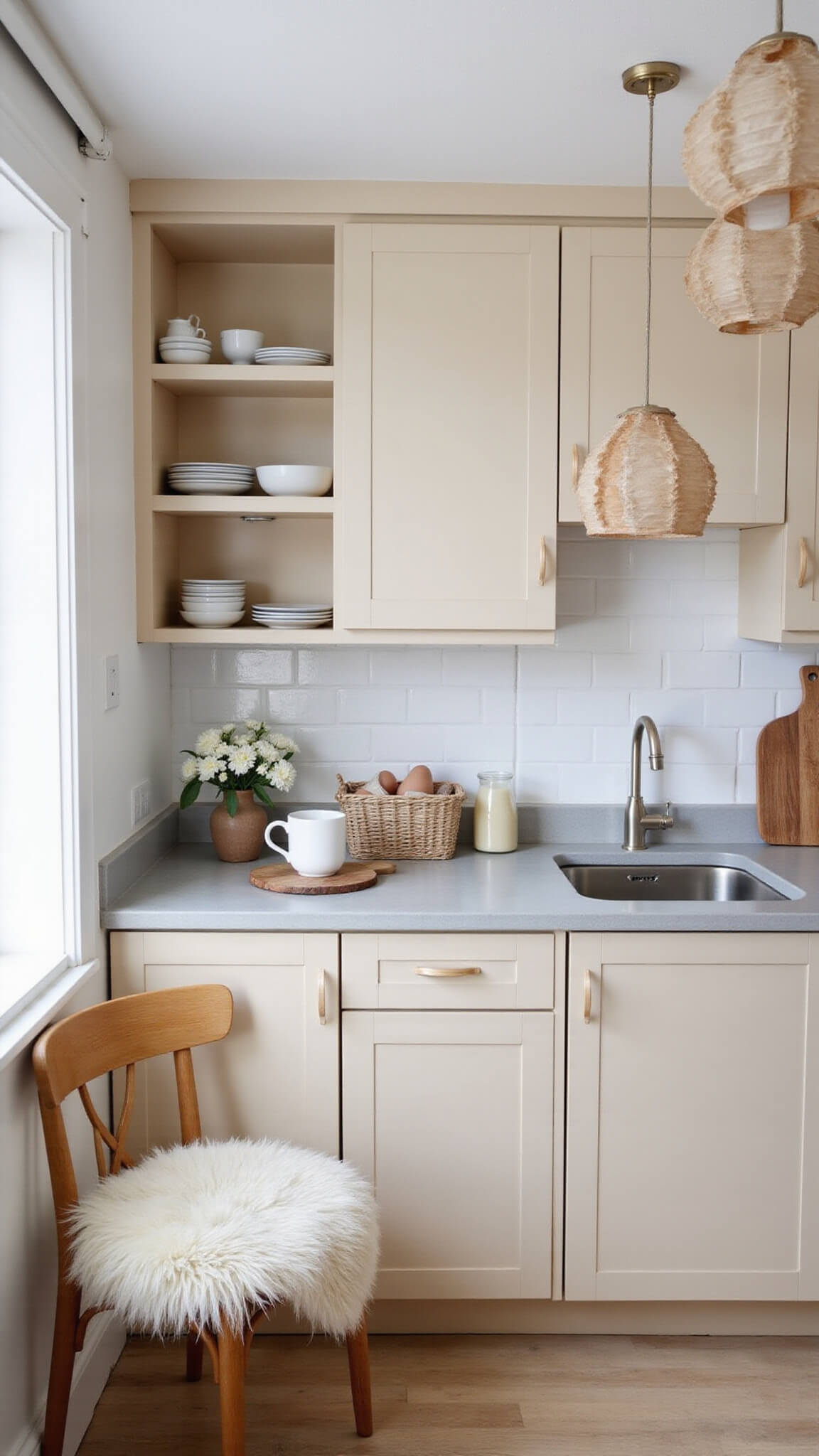 Scandinavian-style cozy kitchen with beige cabinets, concrete countertops, open shelves, and paper lanterns over a small dining table.