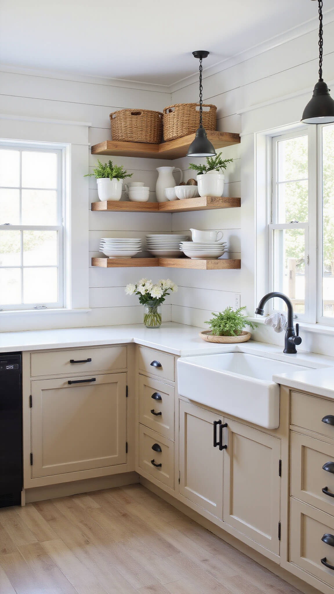 Modern farmhouse kitchen with beige shiplap cabinets, white uppers, butcher block island, black hardware, and sunlit textures.