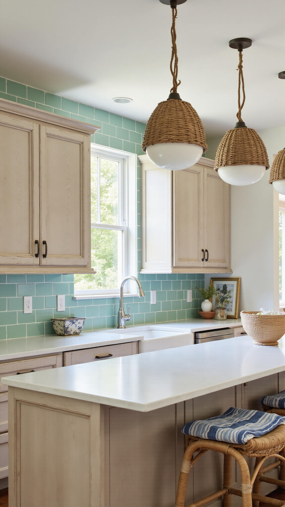 Coastal-inspired kitchen with beige distressed cabinets, sea-glass green tile backsplash, white quartz countertops, rope pendant lights, rattan barstools, and a large window above a farmhouse sink.