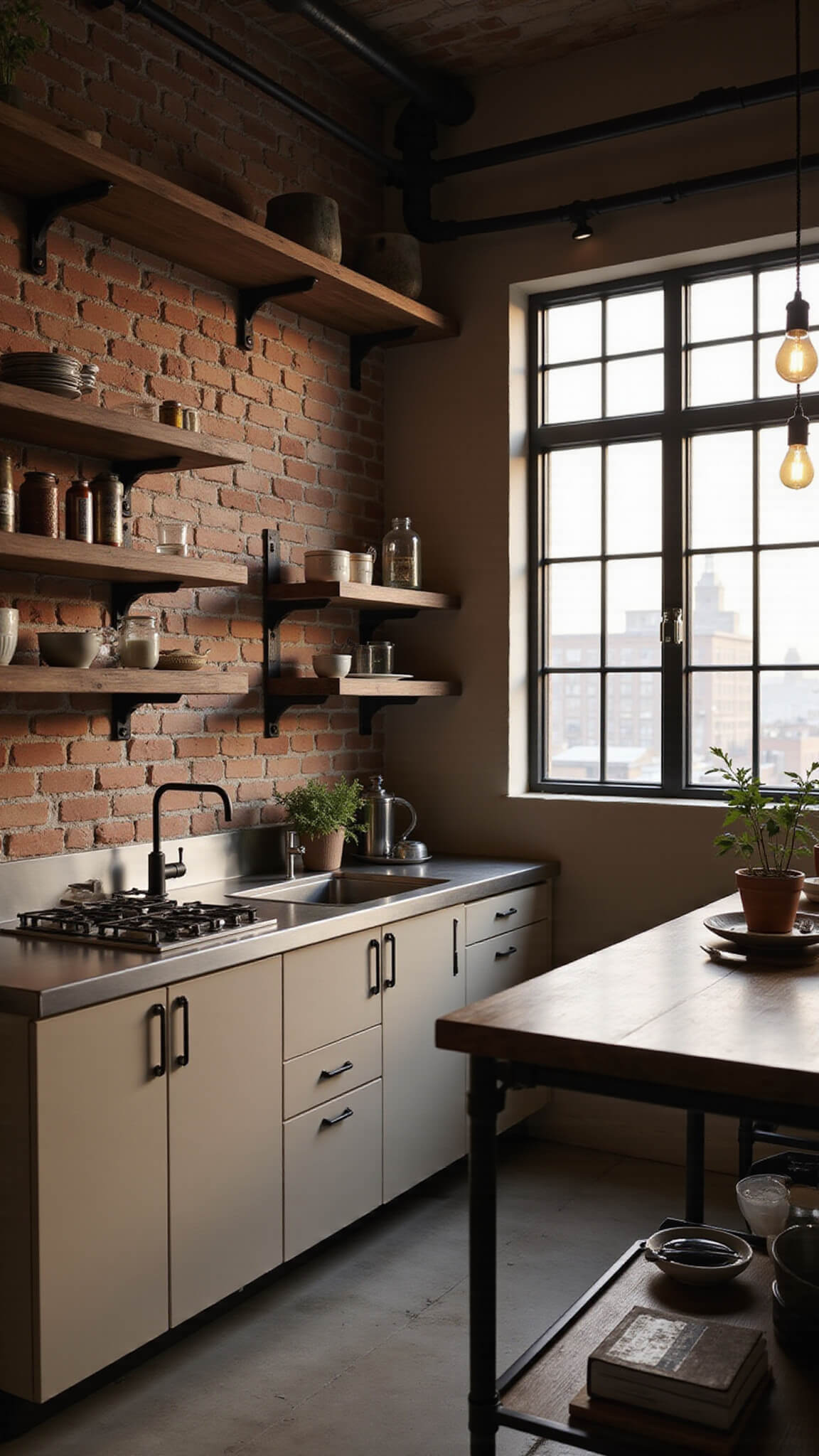 Industrial-chic kitchen with beige concrete-look cabinets, stainless steel surfaces, exposed brick walls, Edison bulb lighting, and dramatic evening shadows.