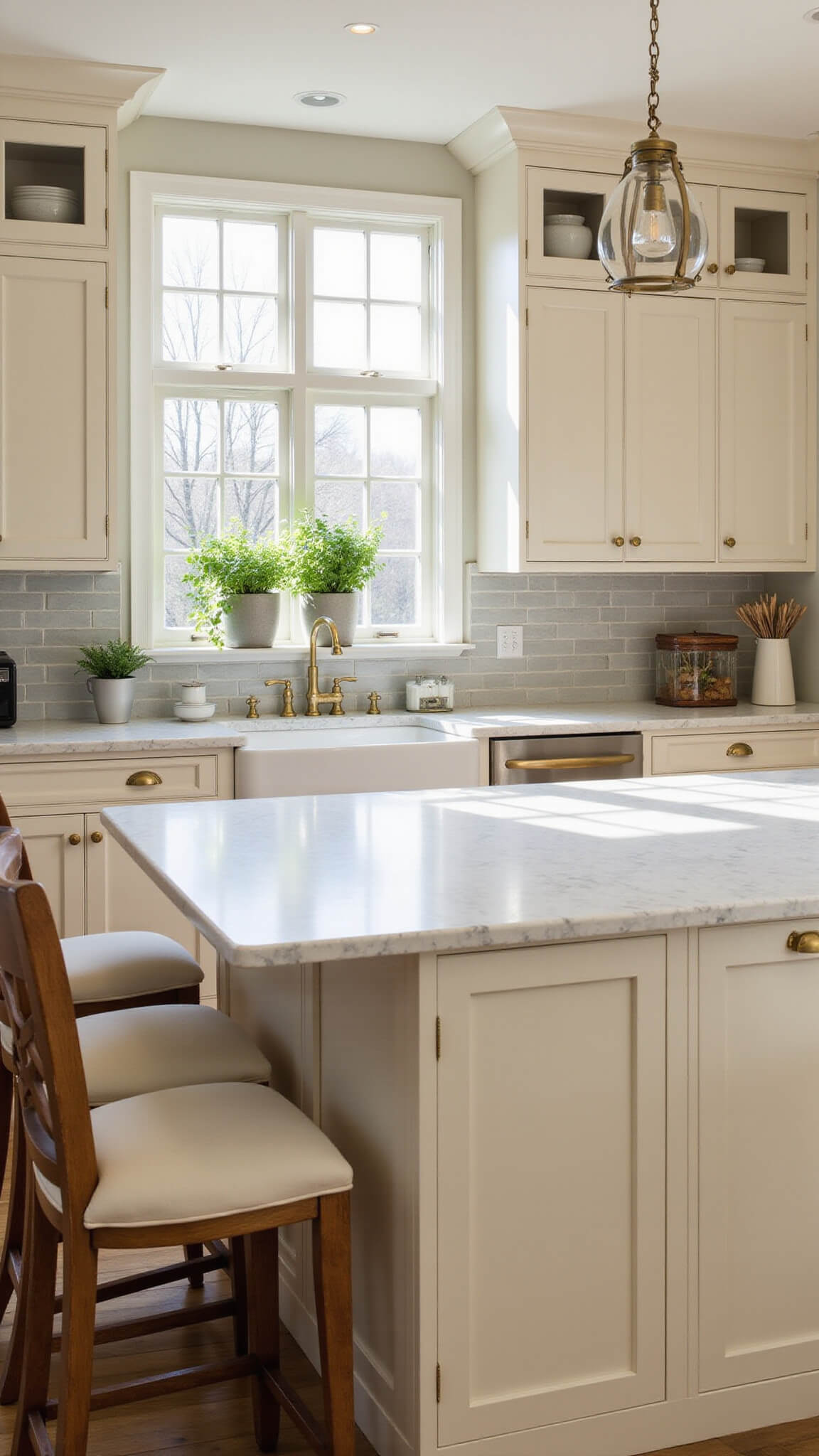 Cream-colored kitchen with marbled island, shaker cabinets, brass hardware, and morning light through bay windows.