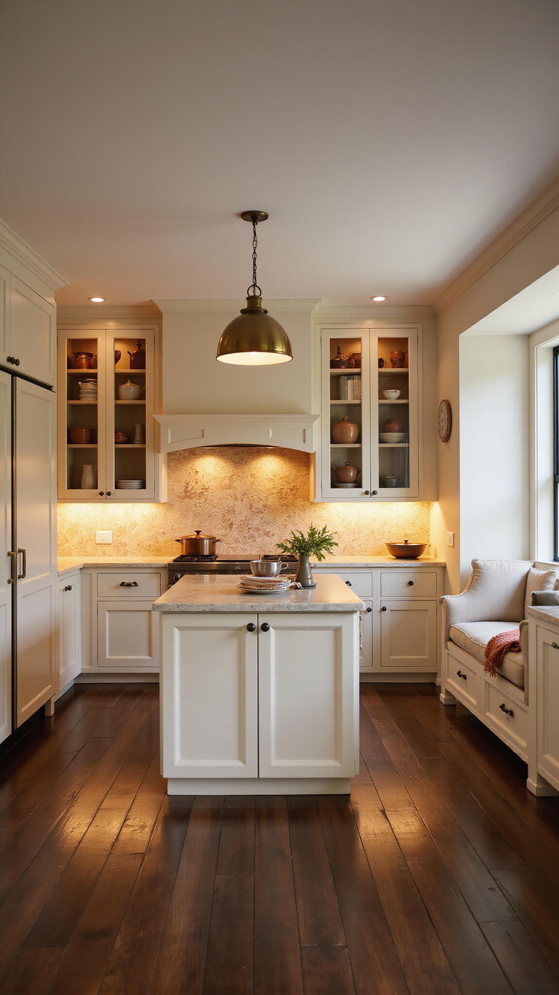 Cozy dusk-lit kitchen with cream glazed cabinets, dark walnut floors, terra cotta tile backsplash, small island under brass pendant, open shelves with artisanal pottery, and a reading nook with an upholstered chair.