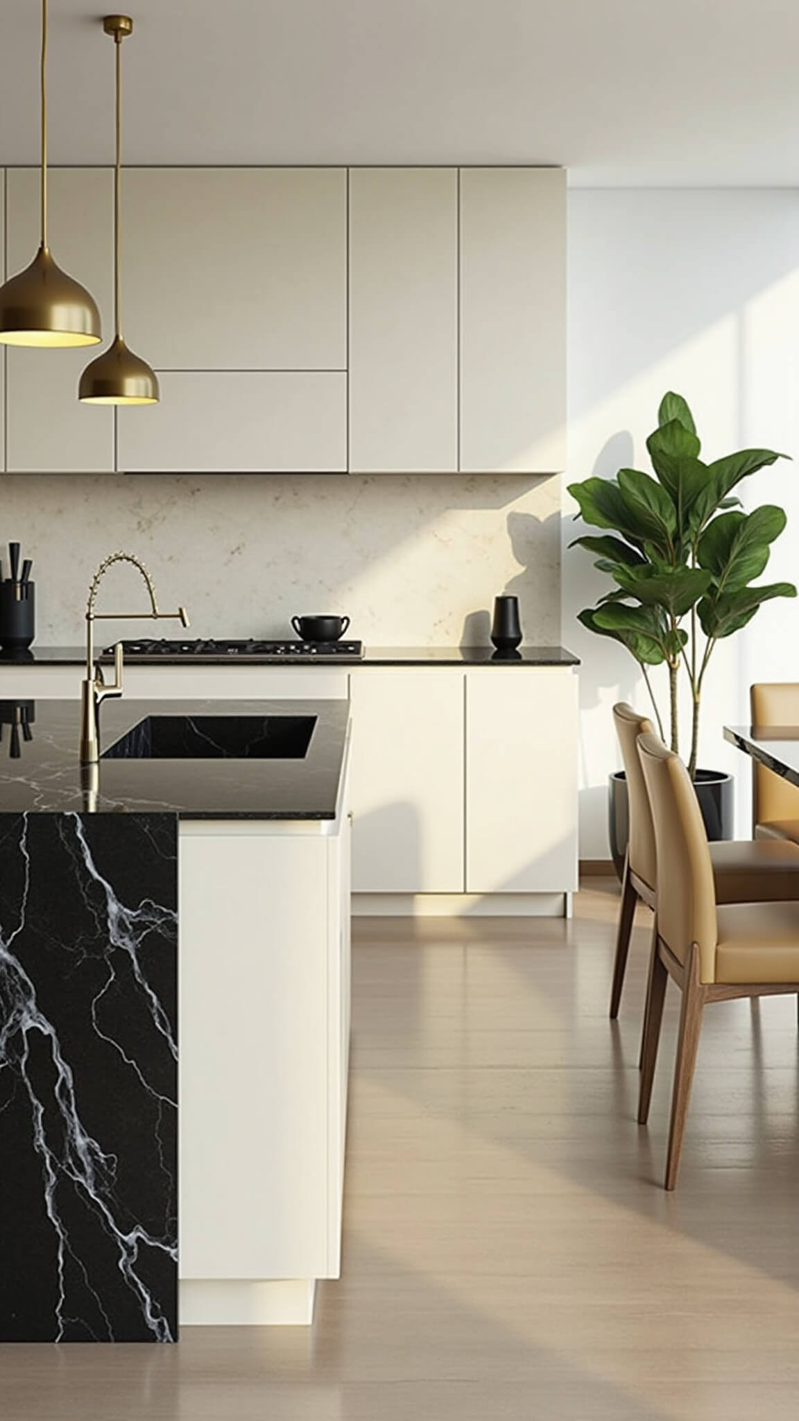 Modern open-concept kitchen and dining area with cream cabinets, black marble island, glass table, and sunlight streaming in.