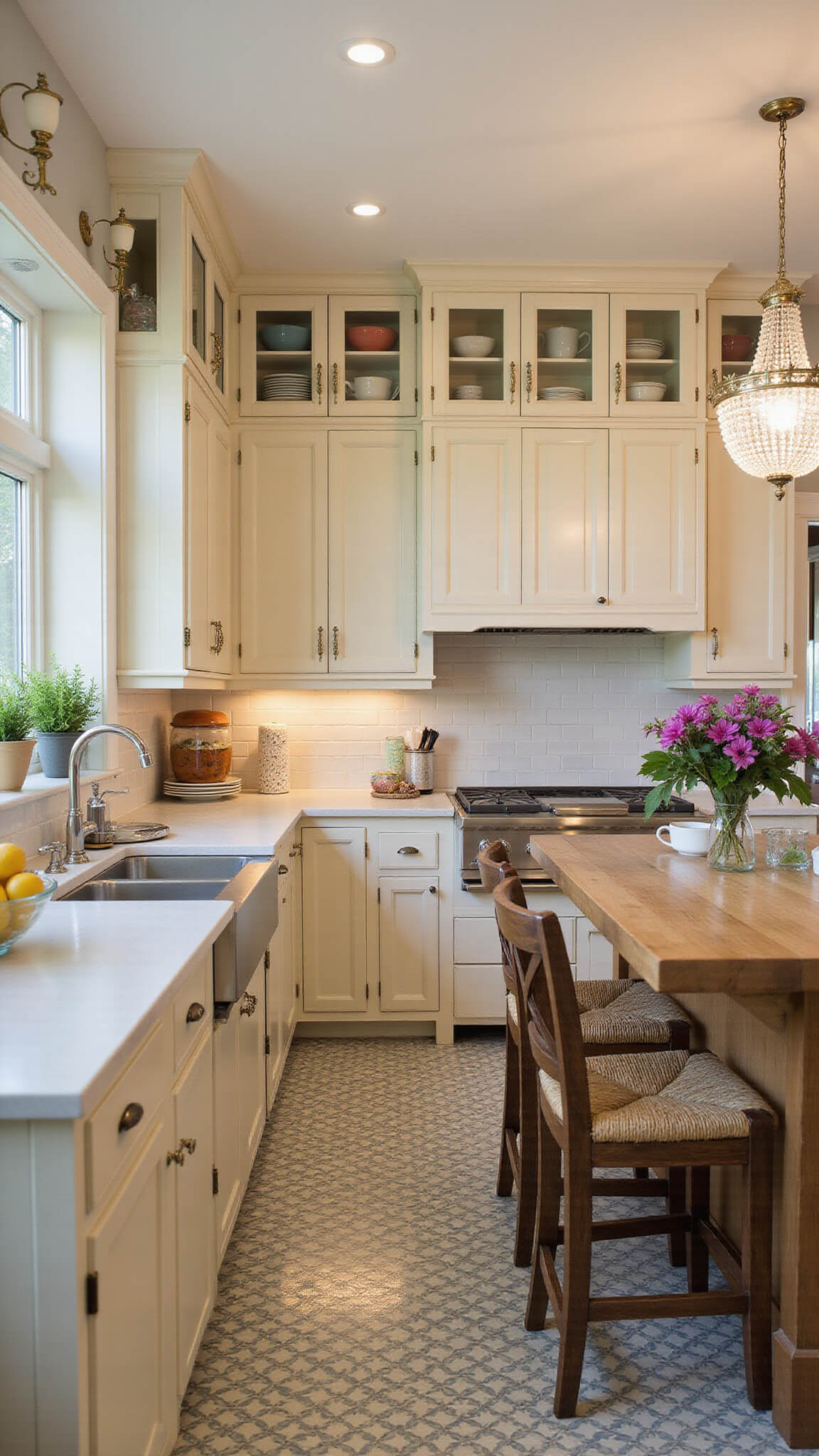 Cozy 11x13 ft cottage kitchen at twilight with vintage lighting, cream beadboard cabinets, butcher block island, rattan stools, patterned tile floor, and cheerful decor accents.