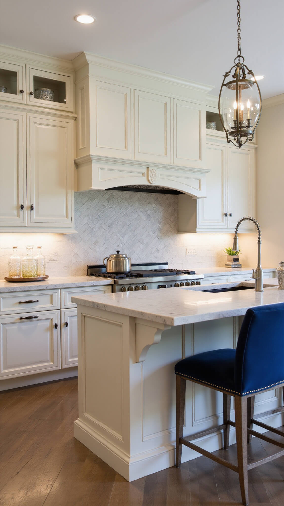 Transitional kitchen with cream cabinets, cream AGA range, quartzite island, navy velvet stools, and herringbone marble backsplash under soft recessed lighting.