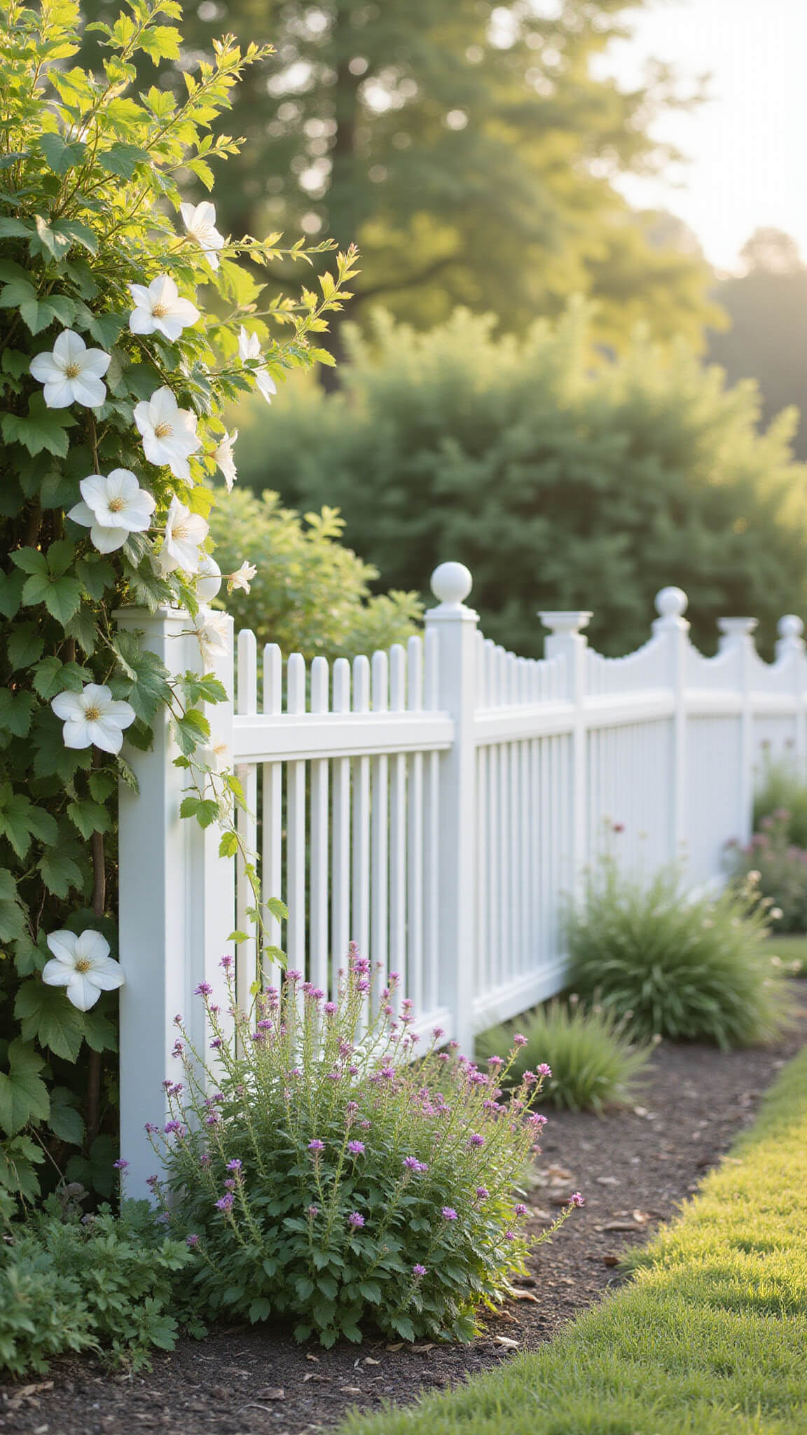 White picket fence with pastel cottage garden flowers and climbing clematis in soft afternoon light, blurred floral background.