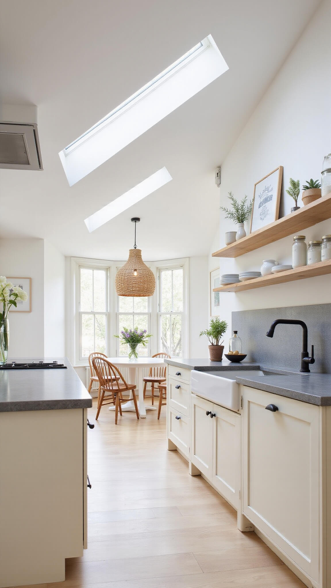 Scandinavian-style kitchen with cream cabinets, light gray quartz surfaces, rattan pendant lights, and a cozy dining nook under skylights.