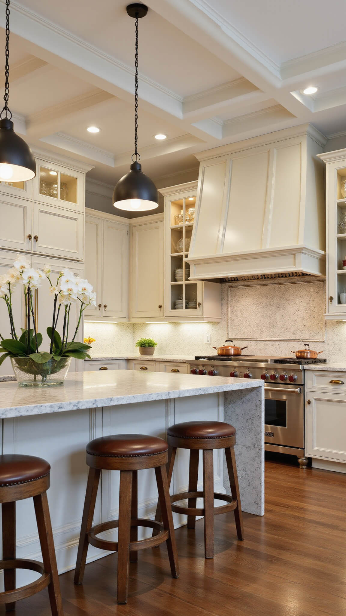 Luxurious chef's kitchen with cream cabinets, marble island, industrial lights, and upscale appliances.