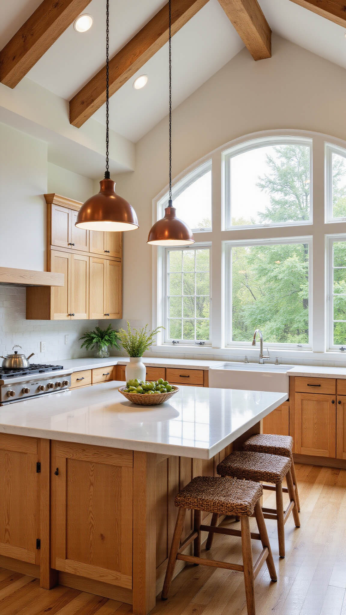 Wide-angle view of a sunlit kitchen with natural oak Shaker cabinets, white quartz countertops, a large island with seating, exposed wooden beams, copper pendant lights, and organic decor elements.