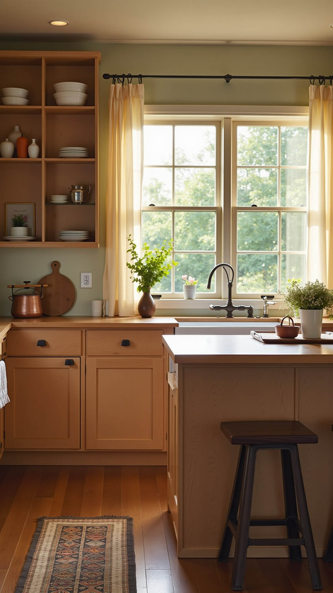 Warm, inviting farmhouse kitchen at golden hour with maple cabinets, a farmhouse sink under a garden-facing window, butcher block island with vintage stools, open shelves with pottery, and soft ambient lighting.