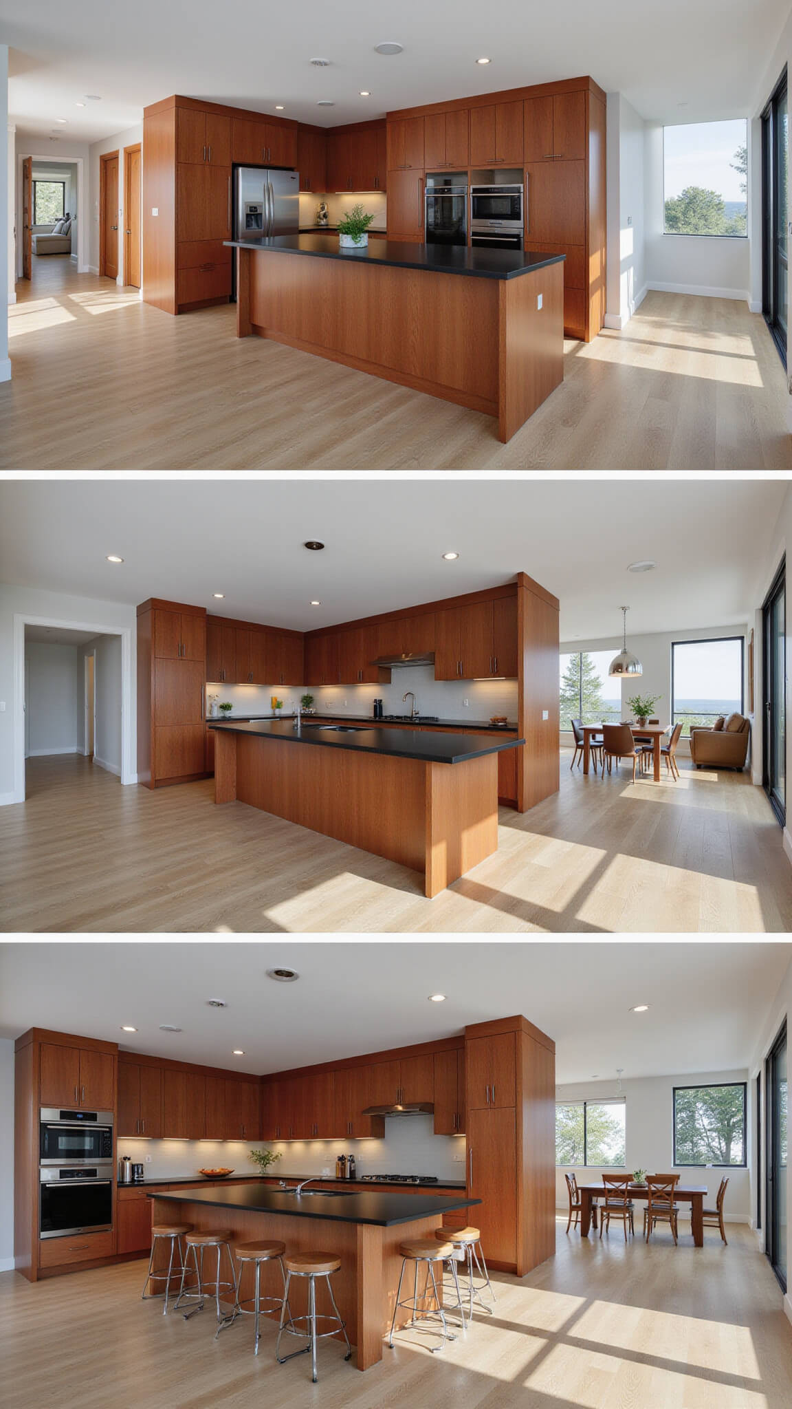 Modern minimalist kitchen with cherry slab-front cabinets, matte black countertops, stainless steel appliances, and a matching waterfall island in open-concept space with floor-to-ceiling windows.