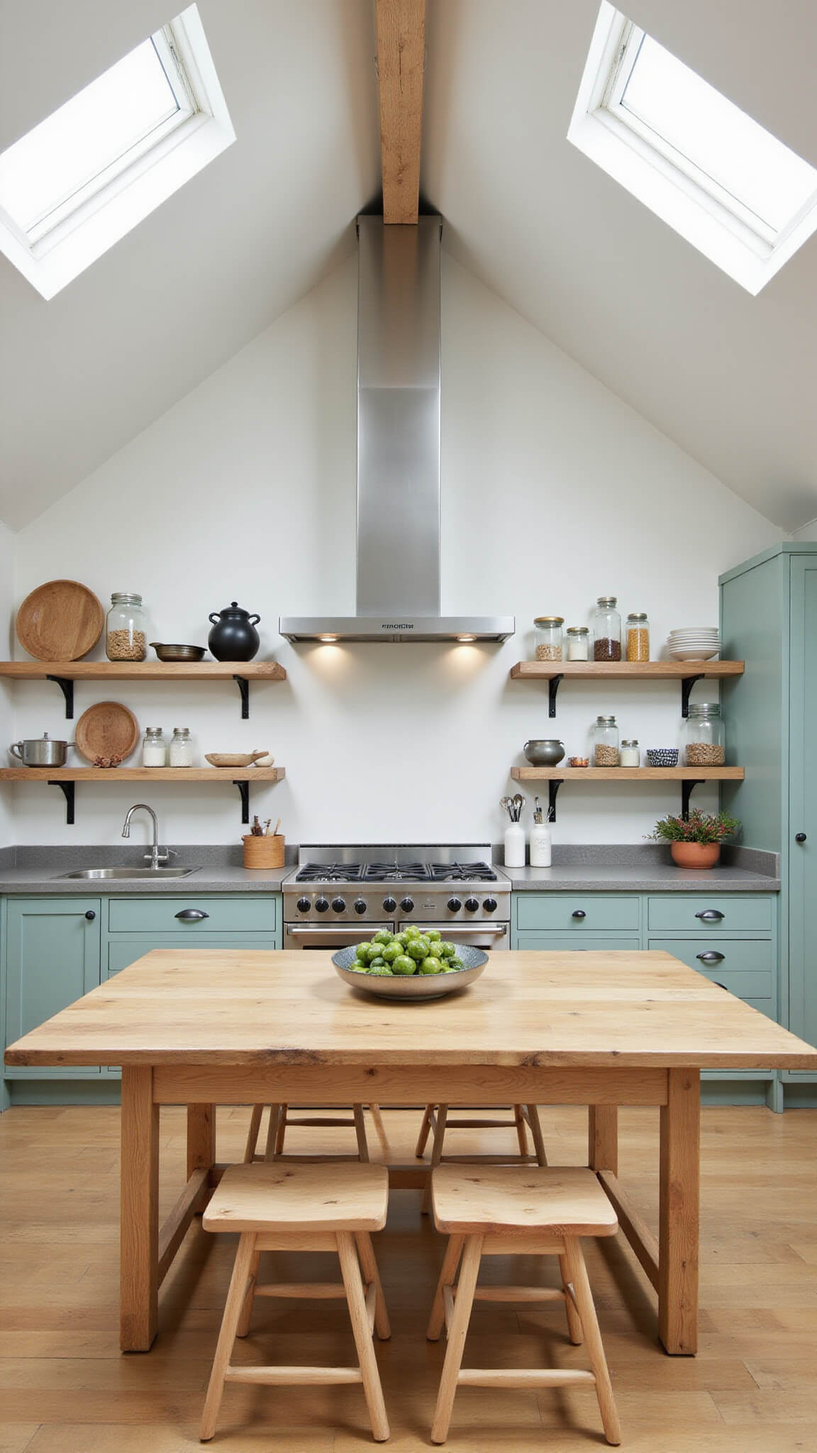 Rustic-modern kitchen with vaulted ceilings, white oak lower cabinets, sage green uppers, concrete countertops, open shelving, and farmhouse table, viewed from dining area in soft daylight.