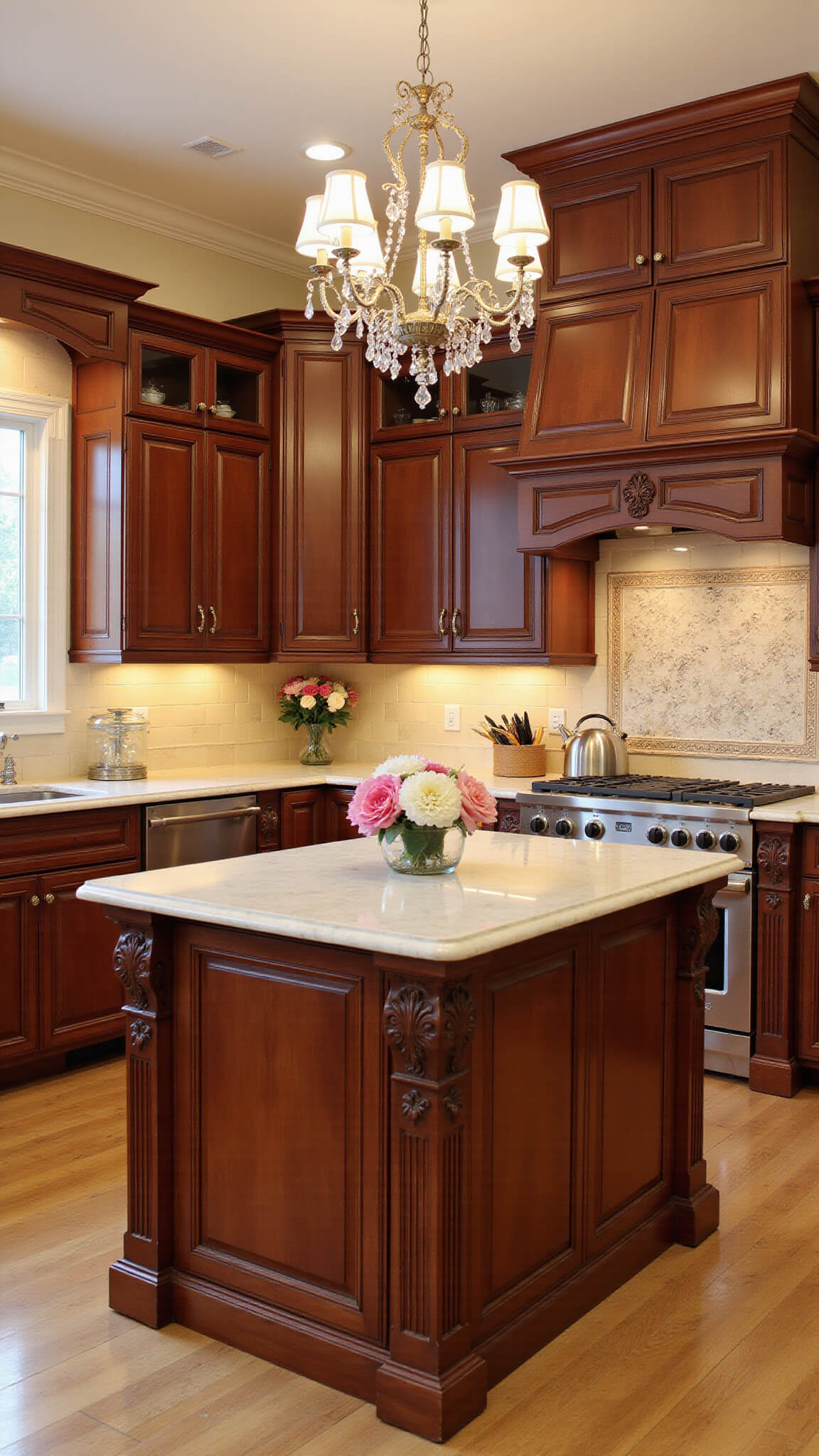 Elegant traditional kitchen with rich cherry-stained alder cabinets, cream marble countertops, mosaic backsplash, central island with corbels, and crystal chandelier under 10 ft ceilings.