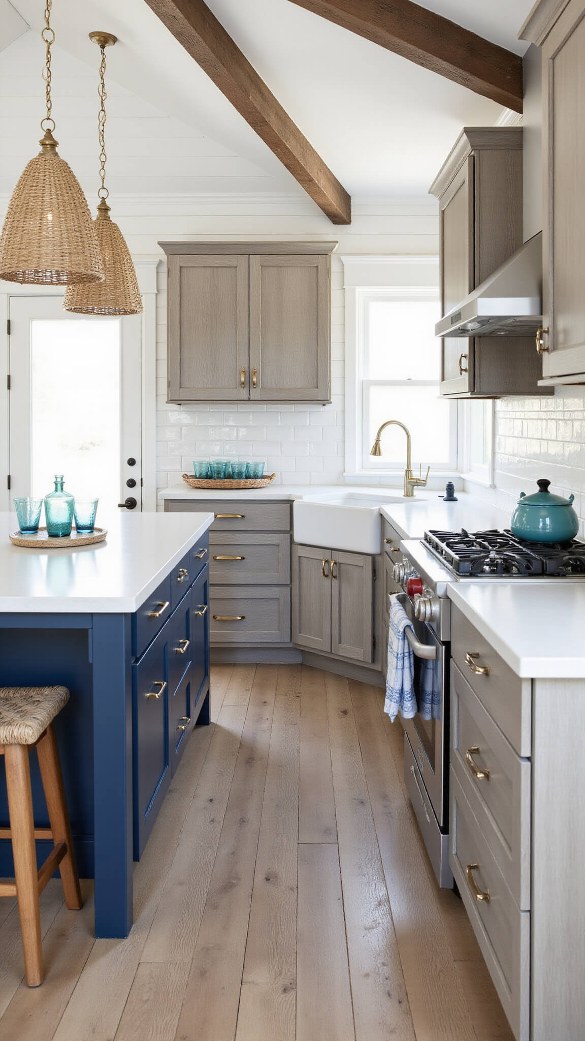 Coastal kitchen with weathered oak cabinets, navy island, white subway tile, and beach-inspired décor in a bright, airy space.