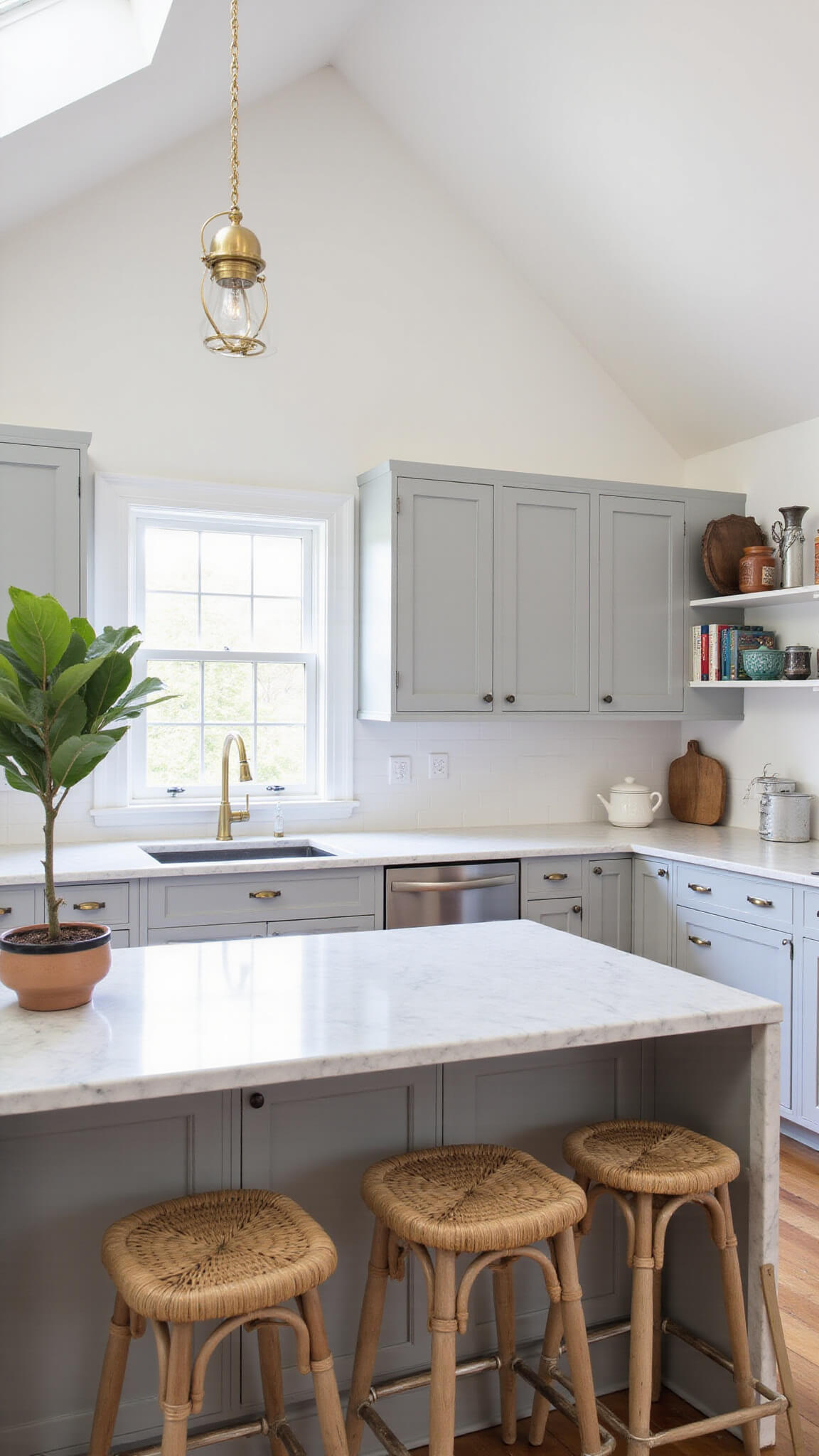 Bright, airy 12x15ft kitchen with vaulted ceilings, light grey shaker cabinets, white marble countertops, brass hardware, large island with rattan stools, open shelving, and a fiddle leaf fig in morning sunlight.
