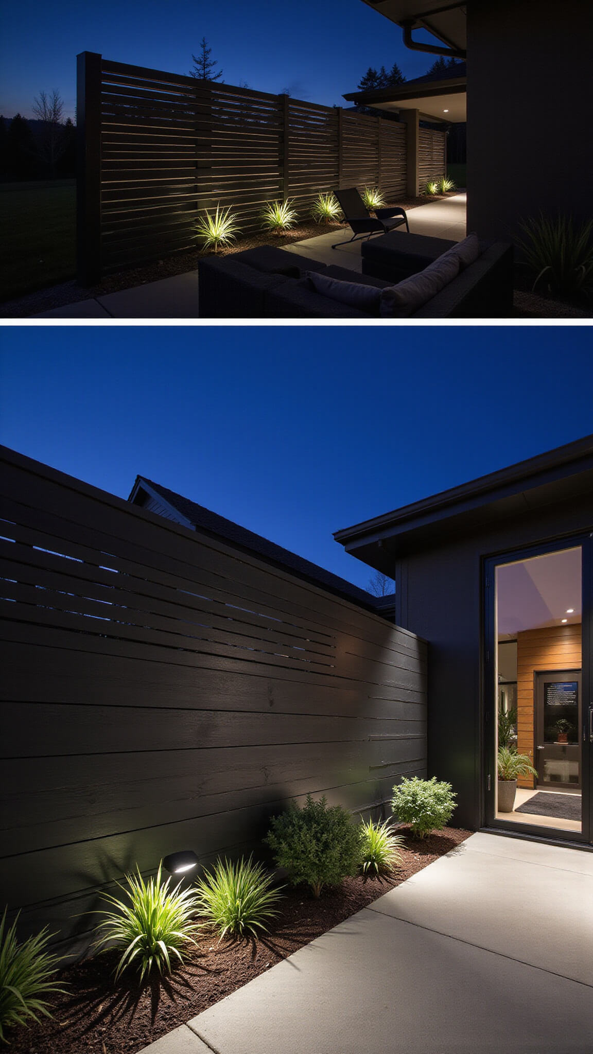 Twilight view of modern black-stained cedar slat privacy fence with LED lighting, minimalist landscaping, and contemporary outdoor furniture.