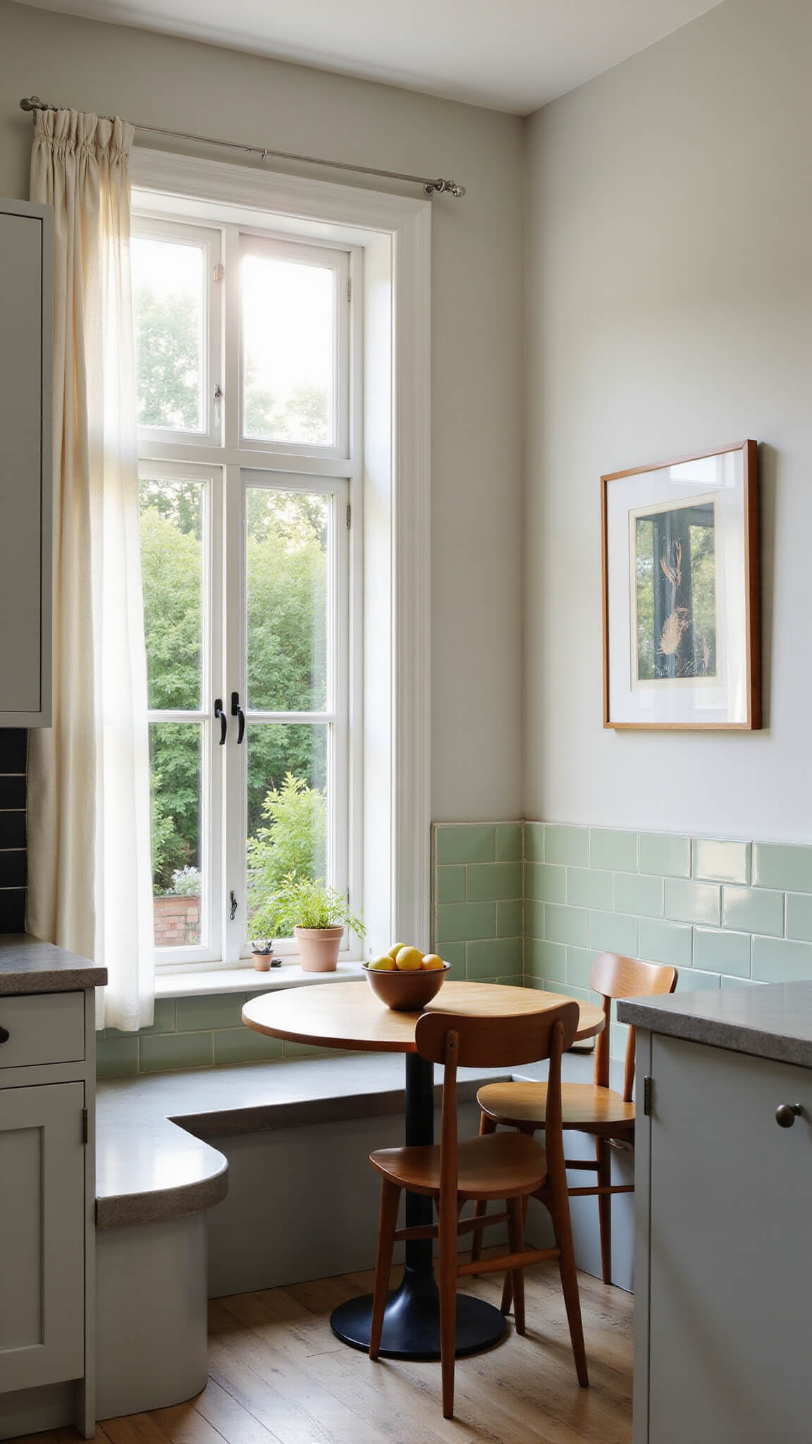 L-shaped kitchen nook with light grey cabinets, concrete countertops, and sage green backsplash, featuring a round wooden table, bay window with sheer curtains, and warm golden hour lighting.