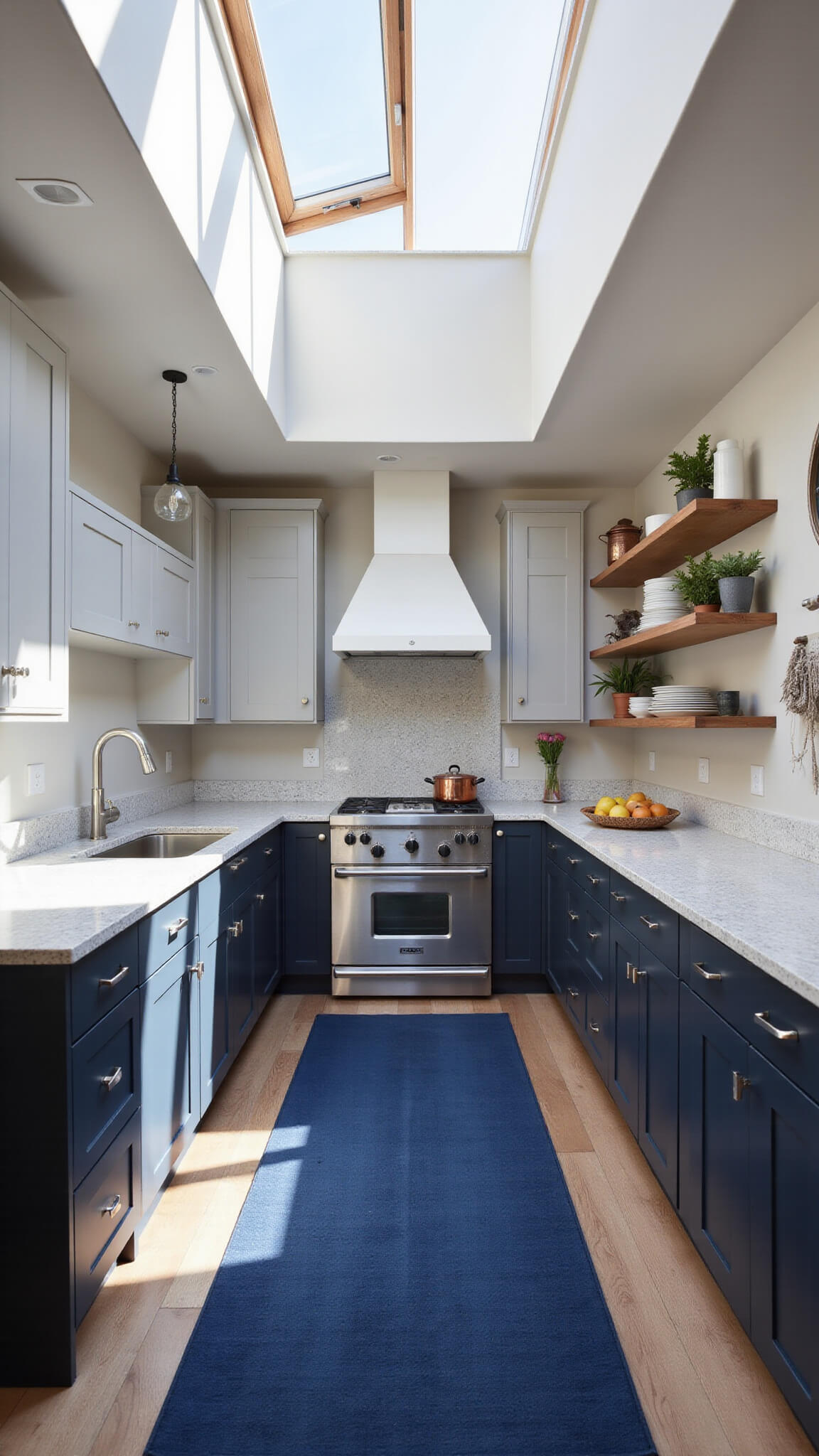 Galley kitchen with skylight, two-tone grey cabinets, quartz countertops, navy runner rug, copper cookware, and dramatic midday lighting.