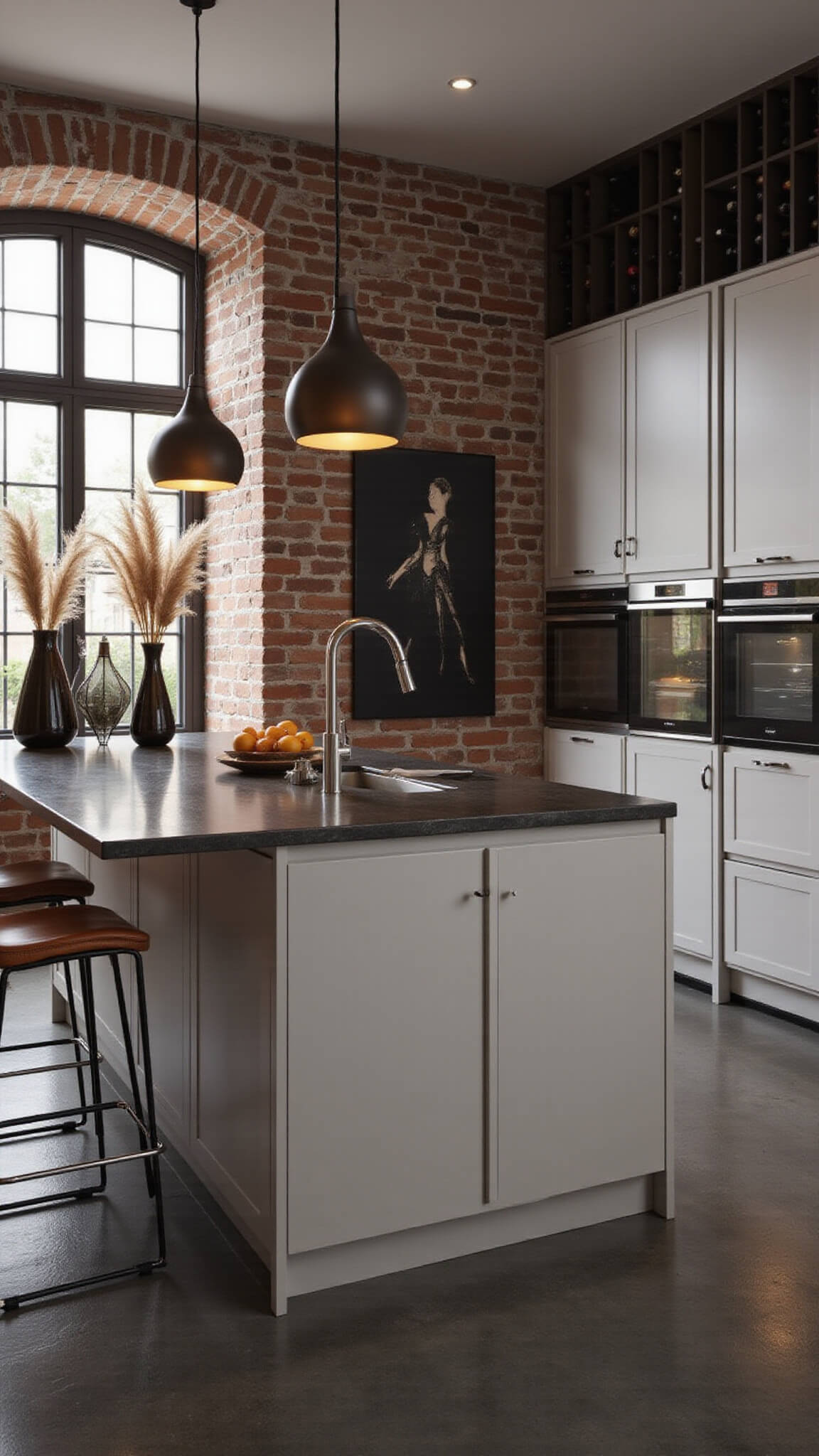 Open-concept kitchen and dining area with exposed brick walls, grey slab cabinets, large waterfall island with barstools, pendant lights, and moody twilight lighting.