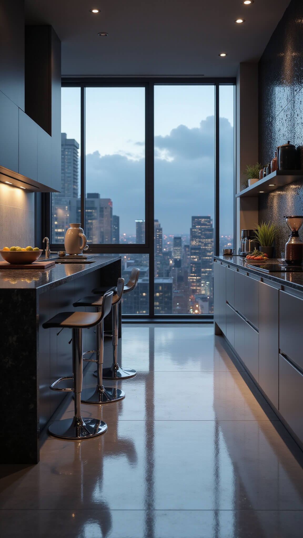 Ultra-modern 14x16ft kitchen with sleek grey cabinets, black granite surfaces, floor-to-ceiling windows showing cityscape at dusk, reflective glass backsplash, and minimalist décor in a futuristic ambiance.