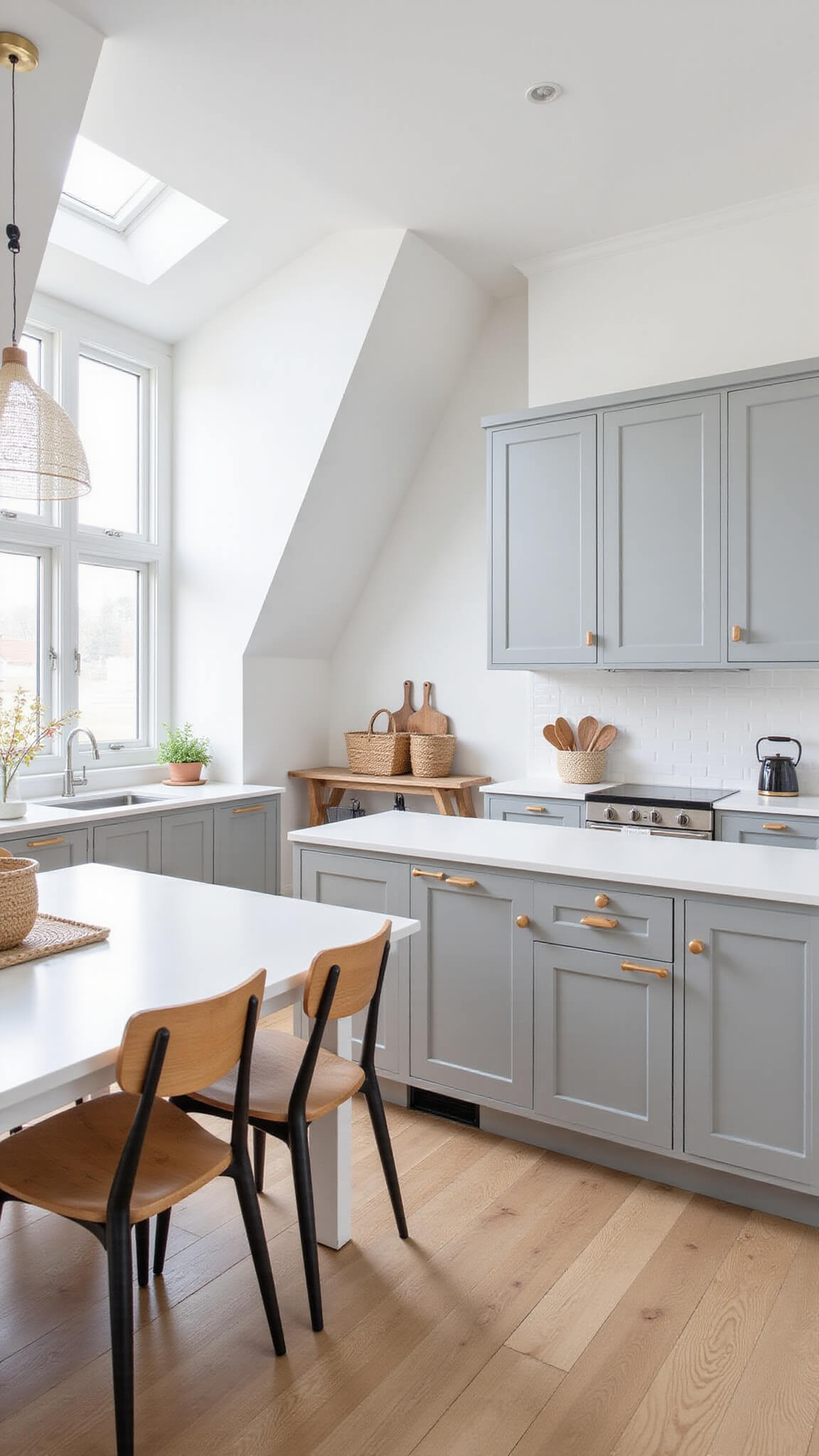 Scandinavian-style kitchen with light grey cabinets, white countertops, farmhouse table, and pitched ceiling with skylights, shown in bright, airy lighting.