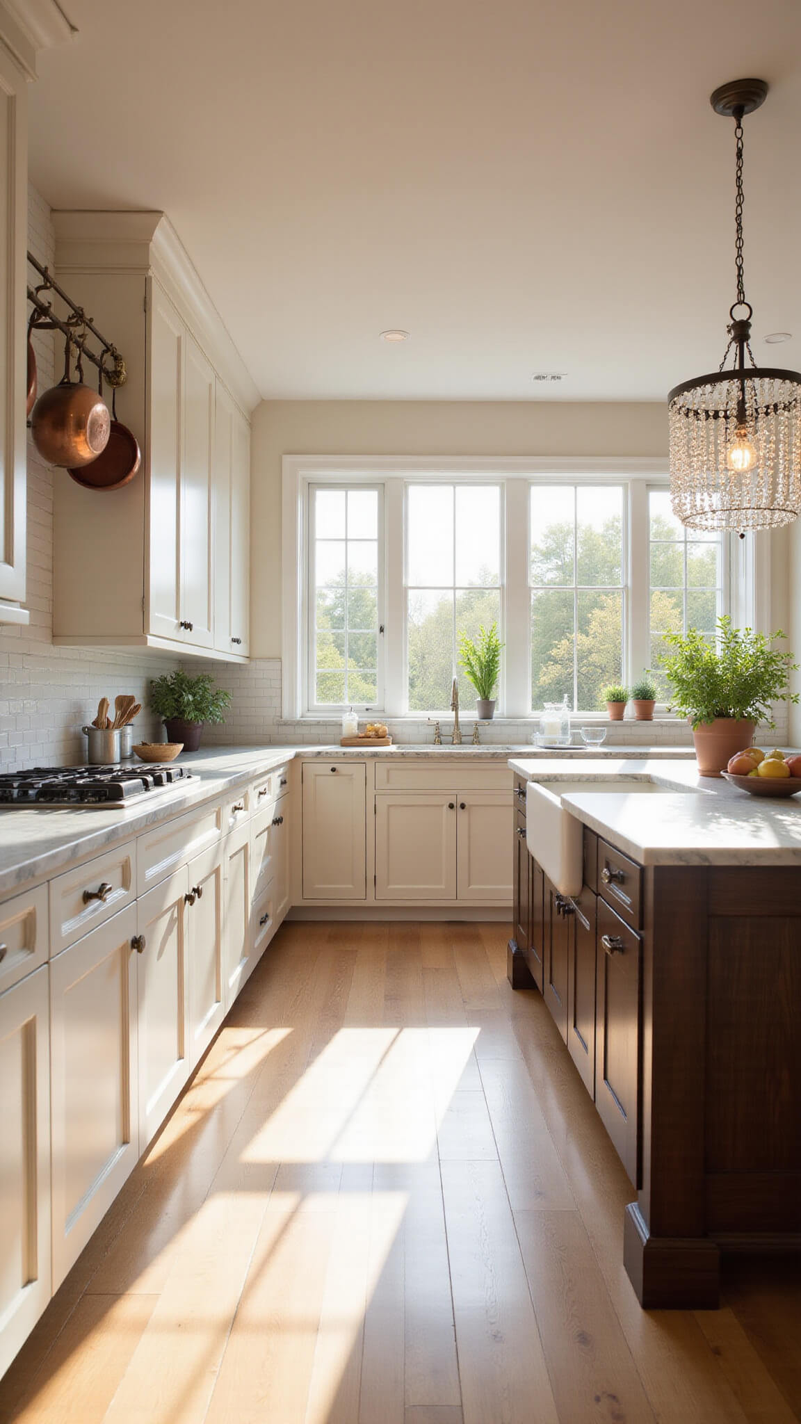 Warm, sunlit kitchen with off-white Shaker cabinets, dark walnut island, marble countertops, and crystal chandelier, styled with copper pots and fresh herbs.