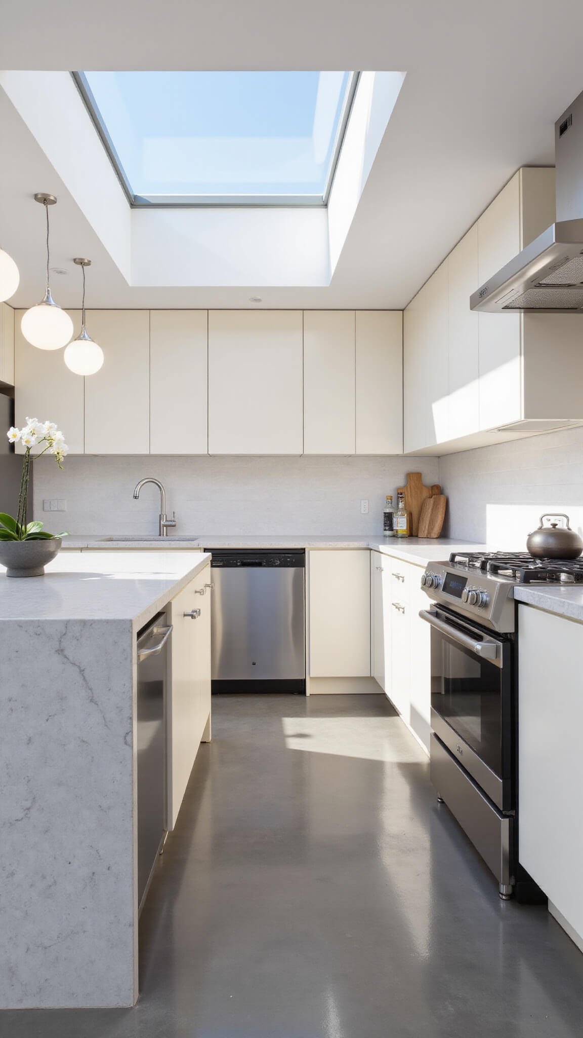 Modern compact 10x12 ft kitchen with off-white cabinets, gray waterfall island, stainless steel appliances, skylight lighting, and minimalist decor.
