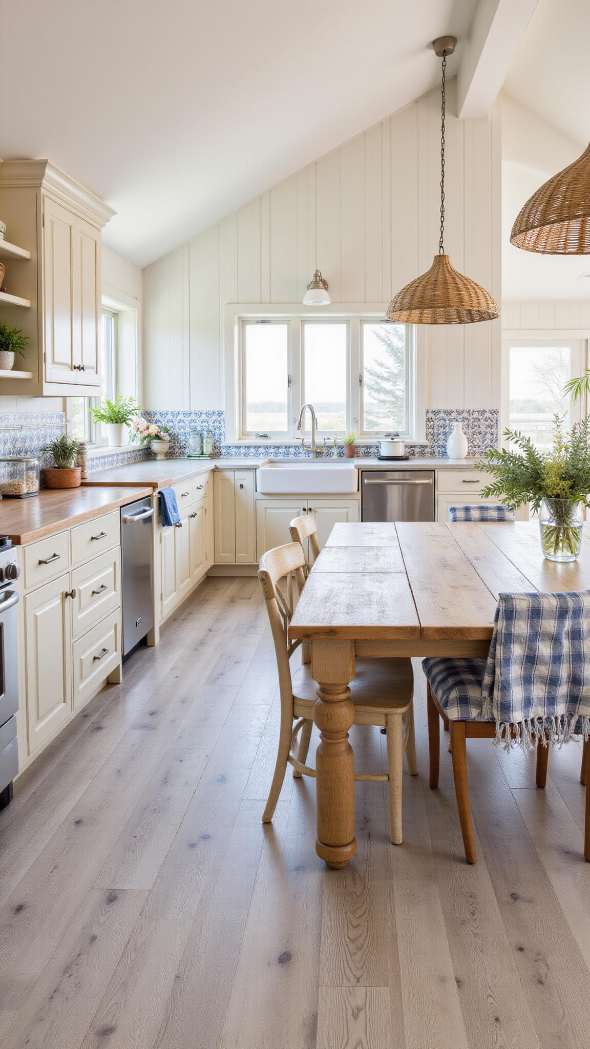 Open-concept coastal farmhouse kitchen-dining area with vaulted ceilings, off-white cabinets, butcher block countertops, farmhouse table, patterned tile backsplash, and warm evening light.