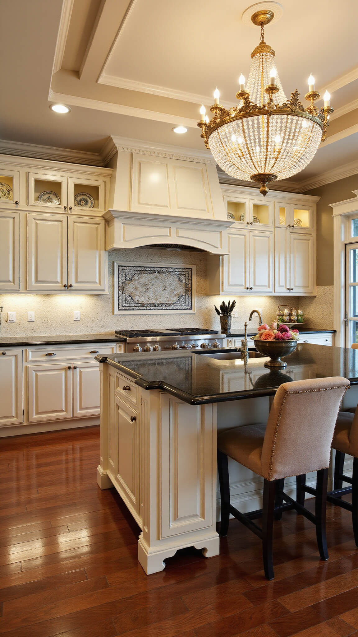 Luxurious traditional kitchen with off-white cabinets, black granite countertops, mahogany herringbone floors, crystal chandelier, and ornate decor.