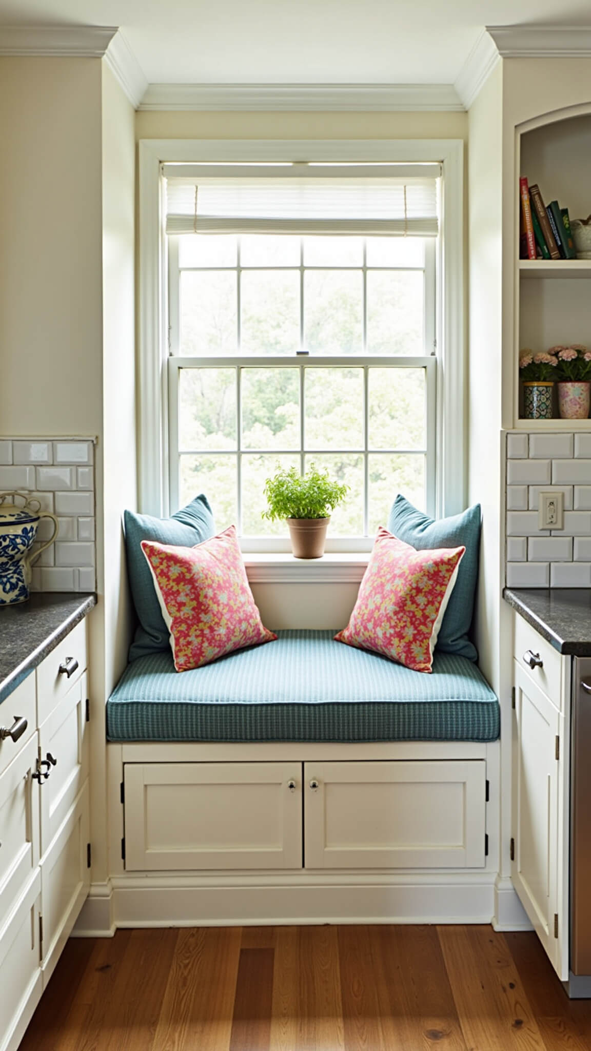 Cozy 11x13 ft kitchen nook with bay window, off-white distressed Shaker cabinets, soapstone countertops, farmhouse sink, reclaimed wood floors, and built-in window seat with colorful cushions in soft morning light.
