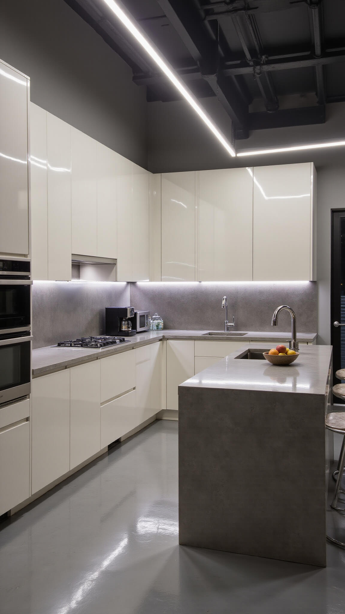 Modern urban kitchen with glossy off-white cabinets, concrete countertops, metallic backsplash, and cool LED lighting.