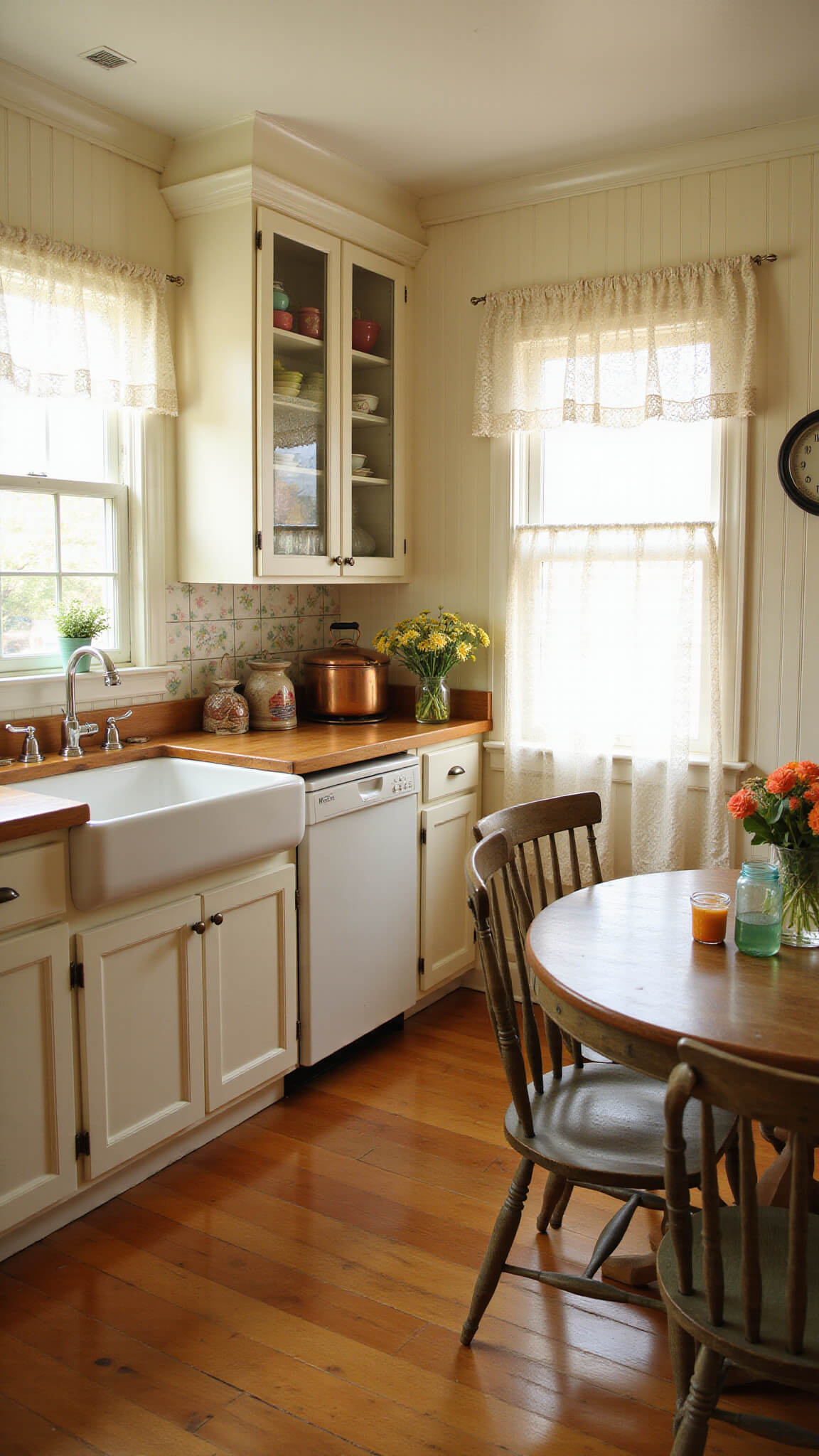 Country kitchen with beadboard cabinets, butcher block countertops, floral tile backsplash, and afternoon light filtering through lace curtains.
