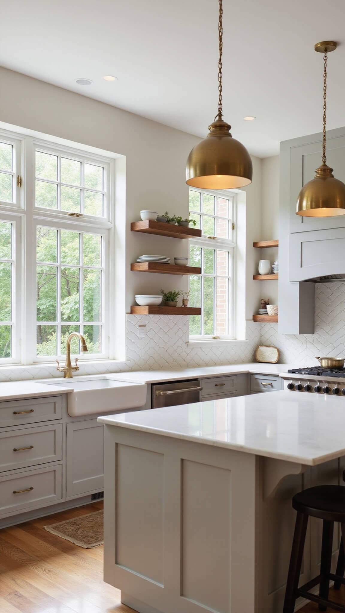 Spacious kitchen with greige cabinets, white quartz island, brass pendant lights, wooden shelves, farmhouse sink, and geometric tile backsplash.