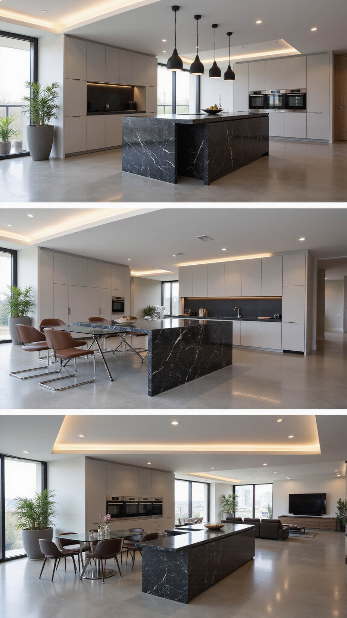 Modern open-concept kitchen-dining area with greige cabinets, large marble island, black pendant lights, and glass dining table under high ceilings and natural light.