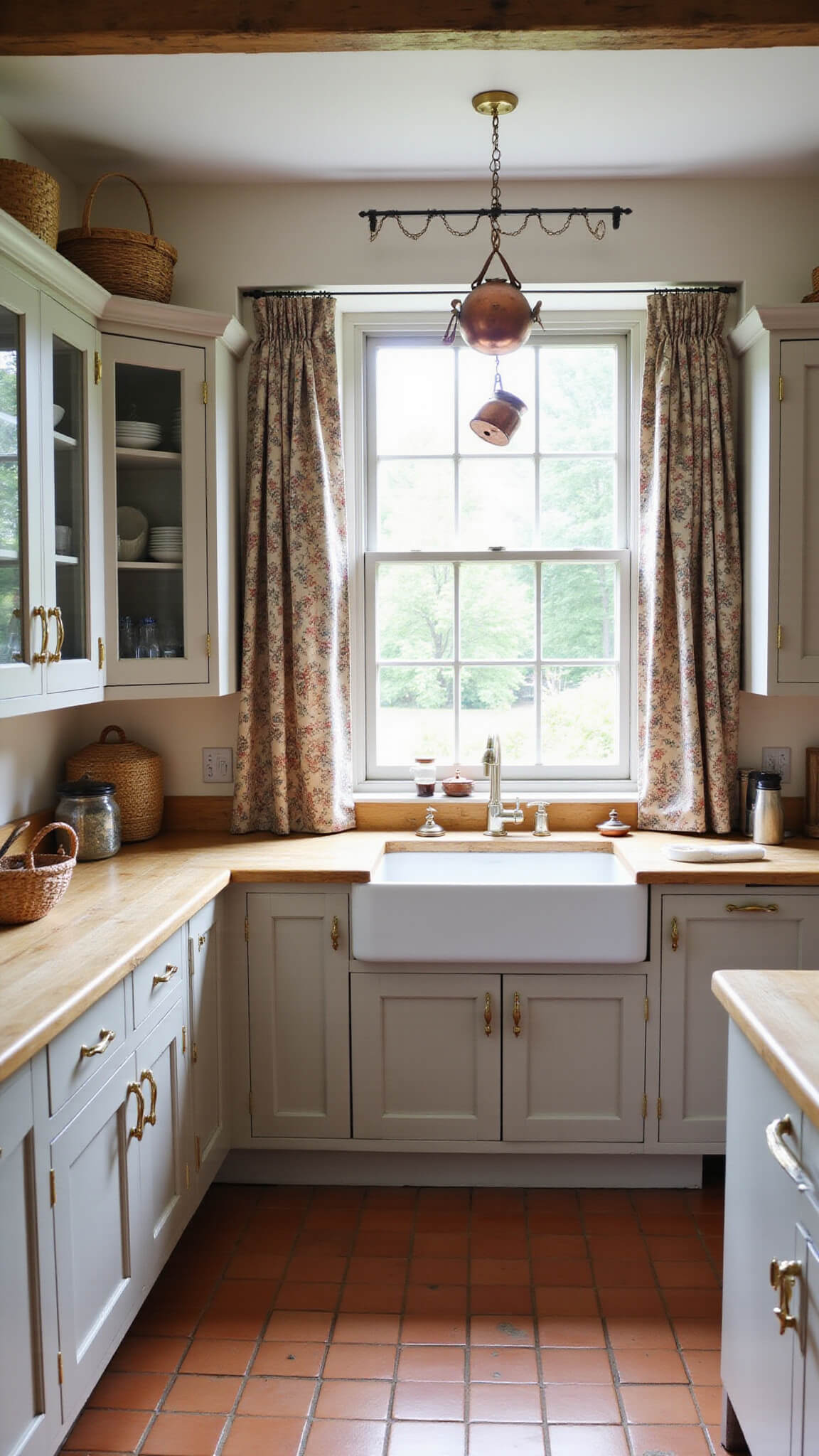 Charming cottage kitchen with greige cabinets, farmhouse sink under large window, butcher block counters, and copper pots hanging above.