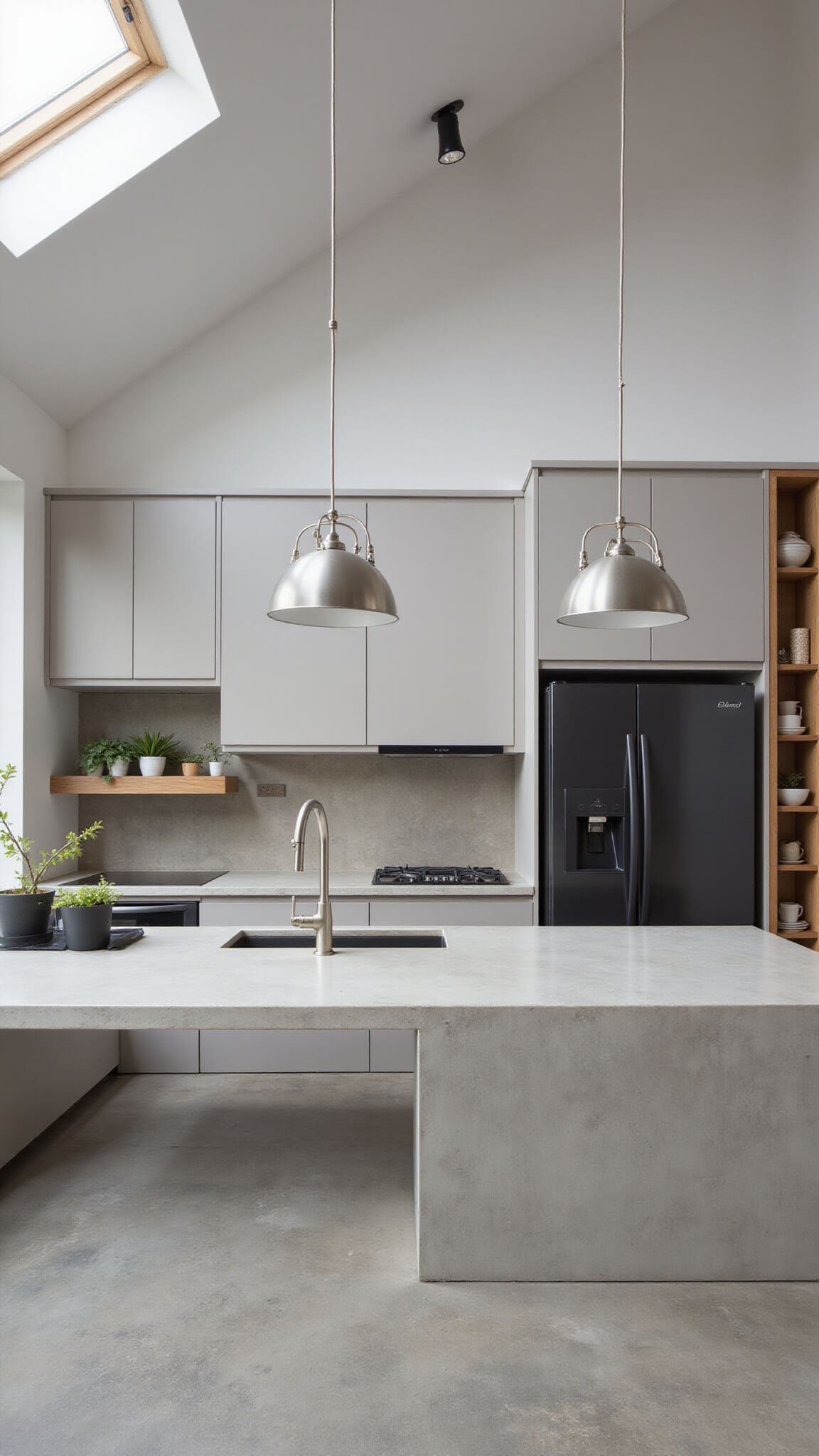 Contemporary 14x16ft kitchen with greige cabinets, concrete countertops, matte black appliances, floating shelf, geometric pendant lights, and clerestory windows.